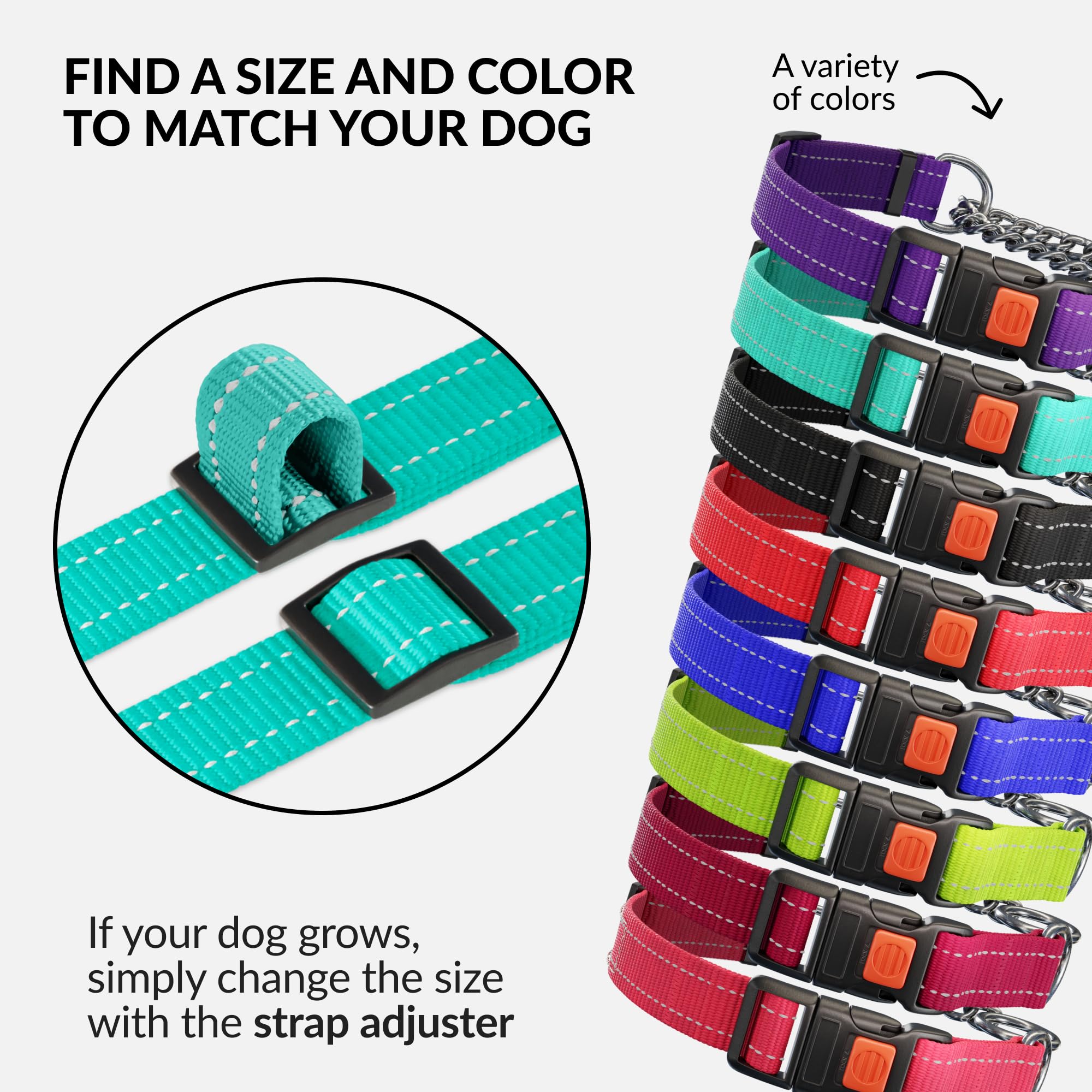 Martingale Dog Collar with Stainless Steel Chain & Quick Release Buckle - Reflective Adjustable Collar for Small Medium Large Dogs (12
