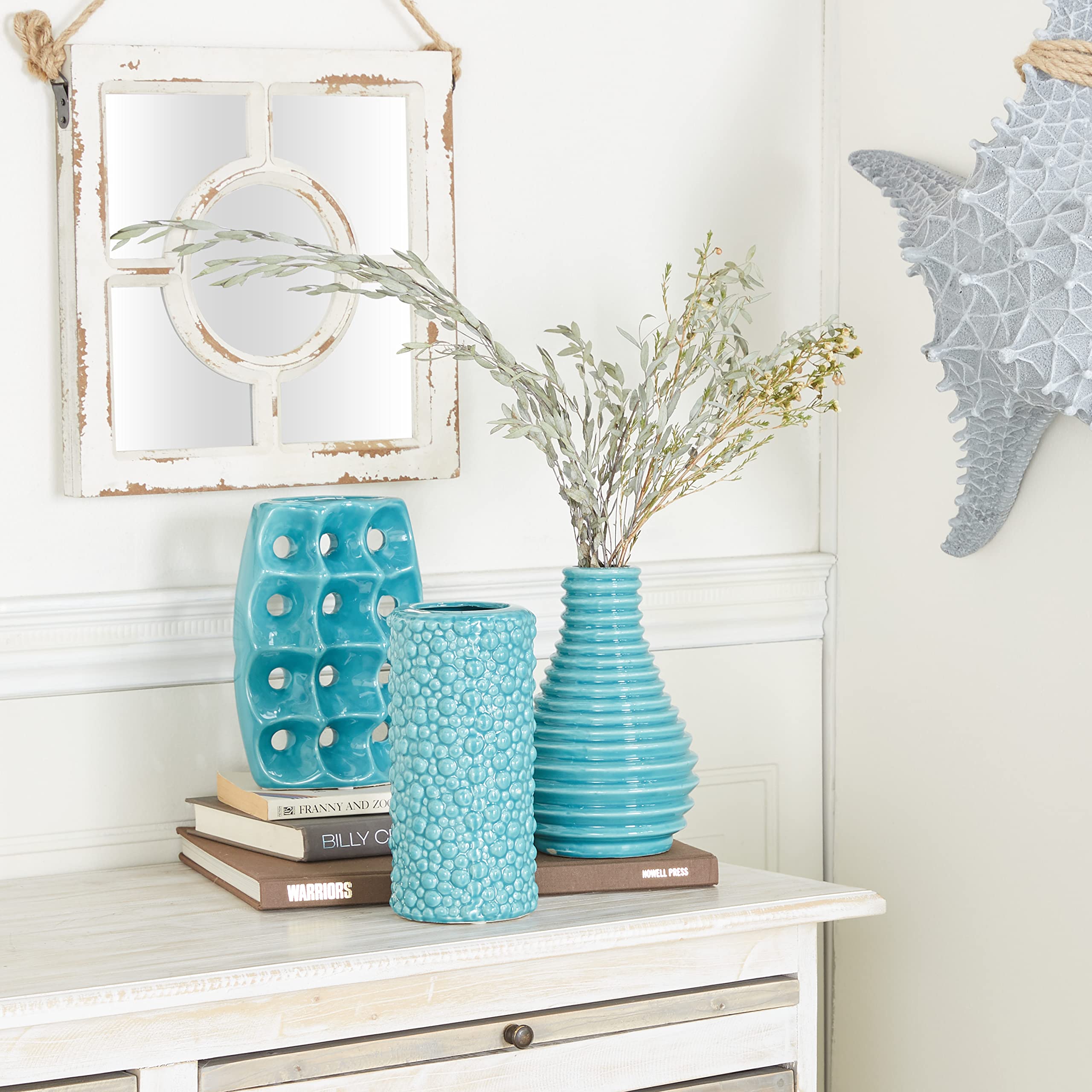 Deco 79 Ceramic Vase Set of 3 - Blue Handcrafted Home Decor Centerpiece with Unique Patterns (5