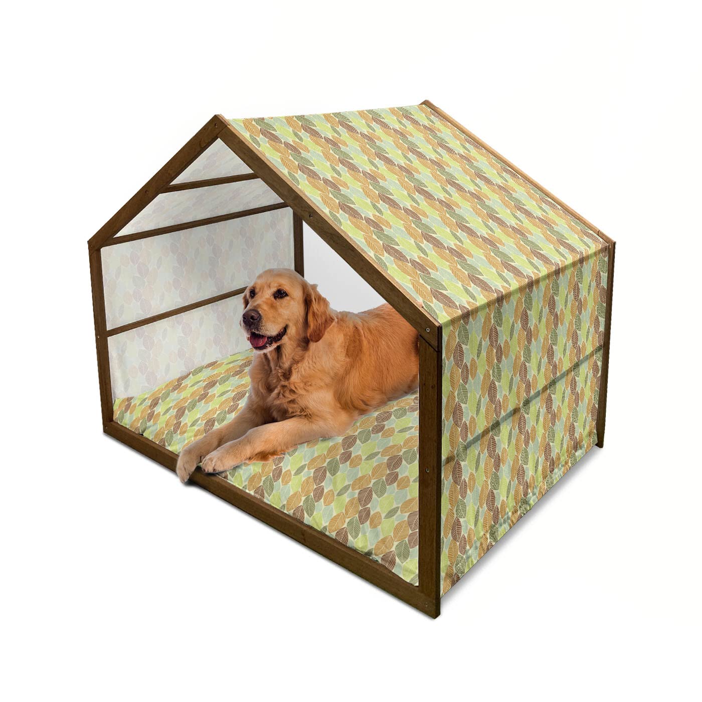 Ambesonne Wooden Dog House with Autumn Leaves Design - Indoor & Outdoor Portable Pet Kennel with Pillow & Cover, 2X-Large, Multicolor - Perfect for Backyard, Patio, or Travel Use