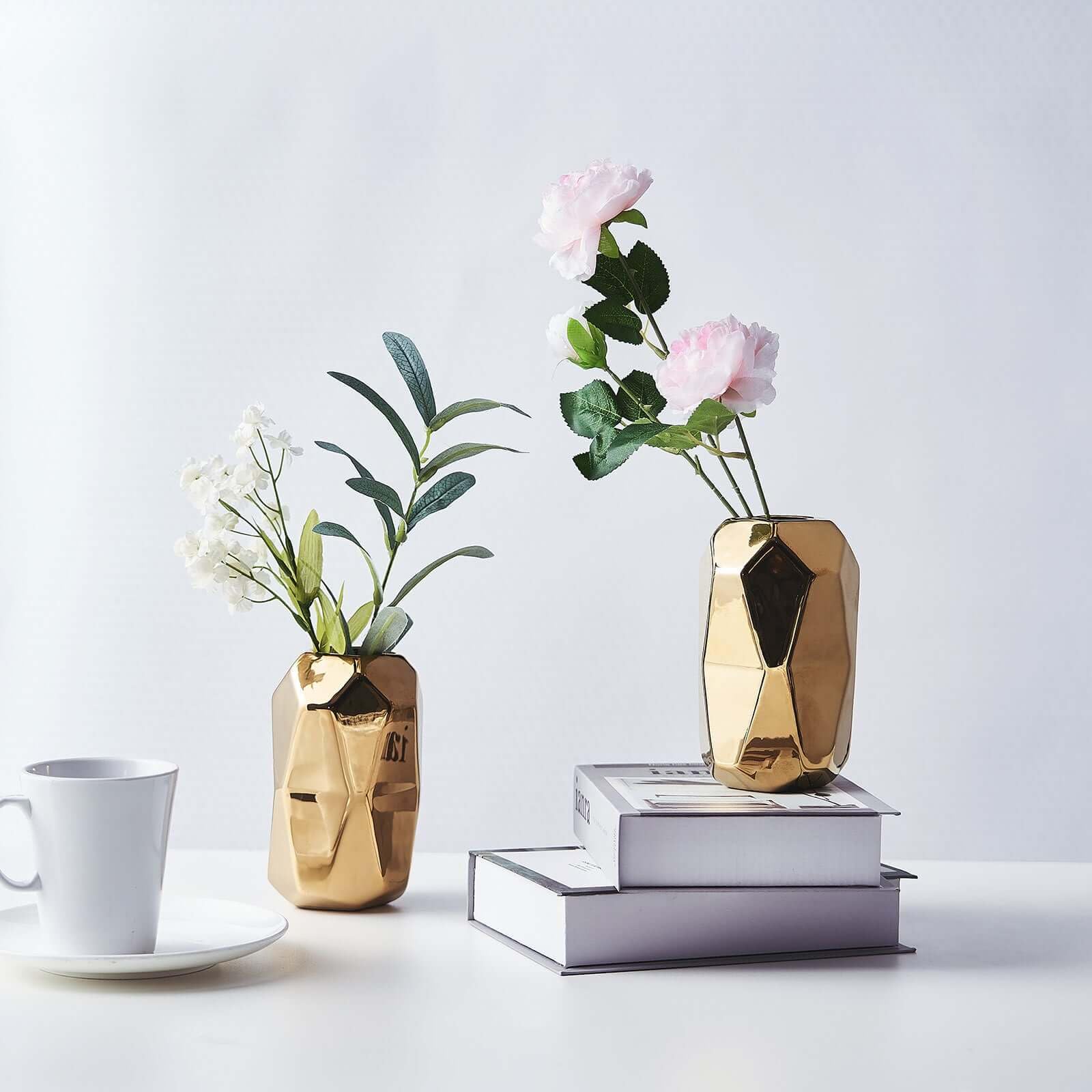Efavormart 2 Pack 6 Inch Gold Geometric Ceramic Vases - Modern Cylinder Table Vases for Dining Table Centerpiece, Coffee Table Decor, Kitchen Counter, Office Desk, Wedding & Party Decorations - Elegant Home & Event Decoration