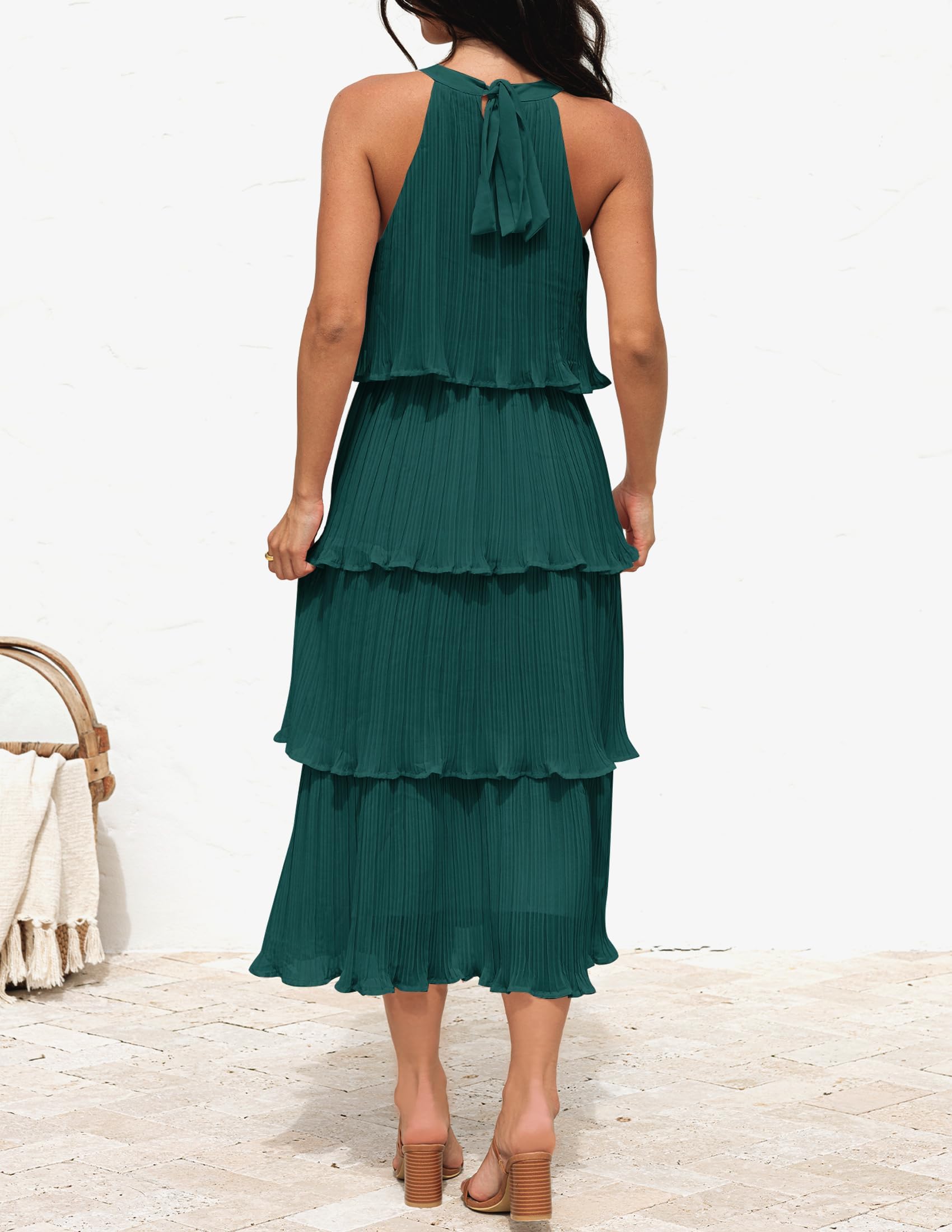 ZESICA Women's 2025 Summer Sleeveless Halter Neck Ruffle Tiered Chiffon Midi Dress - Flowy Swing Long Dress for Beach Vacation, Wedding Guest & Date Night