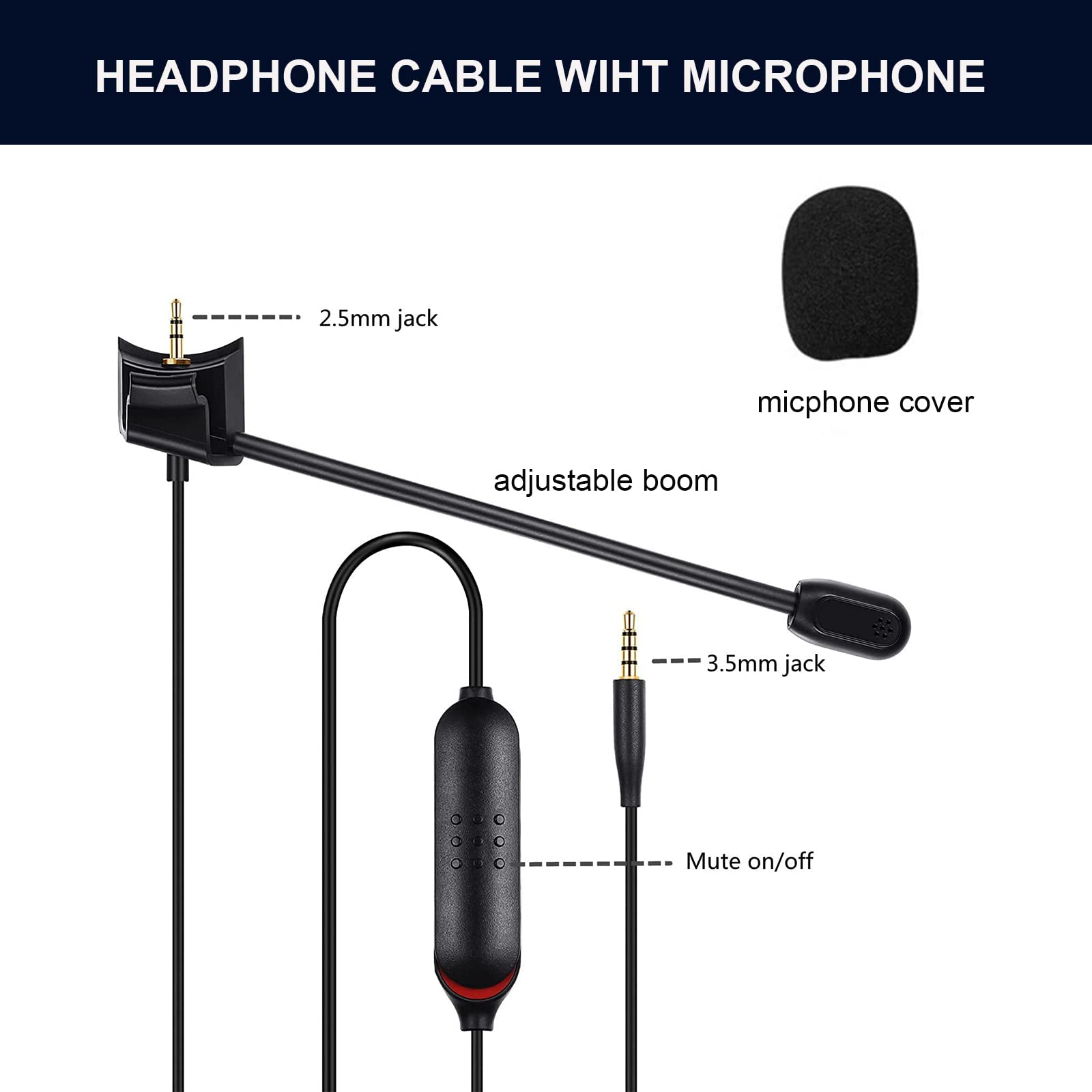 Bose QC35 II Replacement Cable with Boom Microphone & Mute Switch - Compatible with Bose QuietComfort 35 II & QC35 Headphones for Gaming, PC, Laptop, PS4, PS5, Xbox One Controller - Perfect for Online Meetings & Multiplayer Gaming
