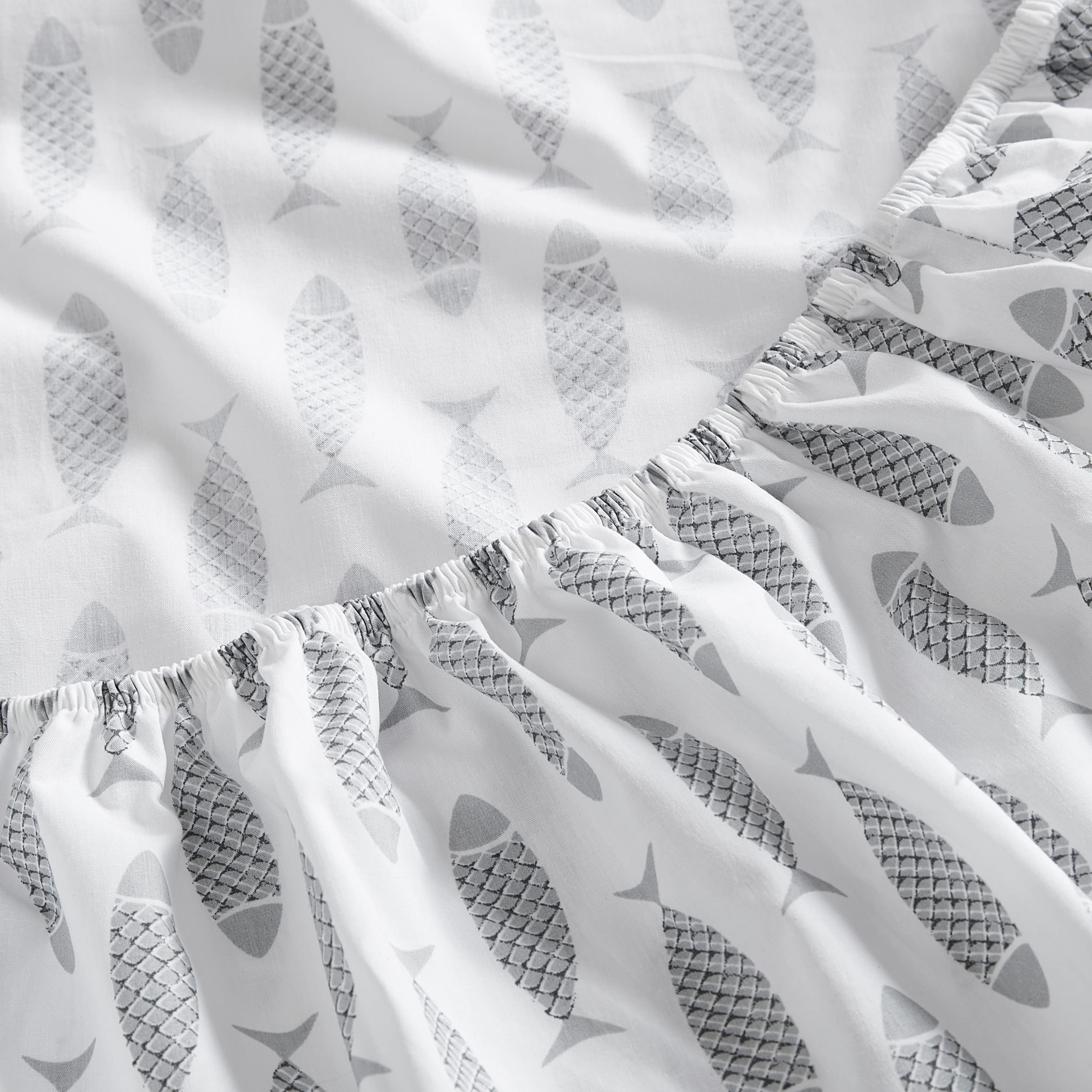 Nautica Twin Sheets - 100% Cotton Percale Bedding Set, Coastal Style Woodblock Fish Grey Design for Twin Beds | Soft & Breathable for Comfortable Sleep | Perfect for Beach House, Guest Room or Kids' Bedroom