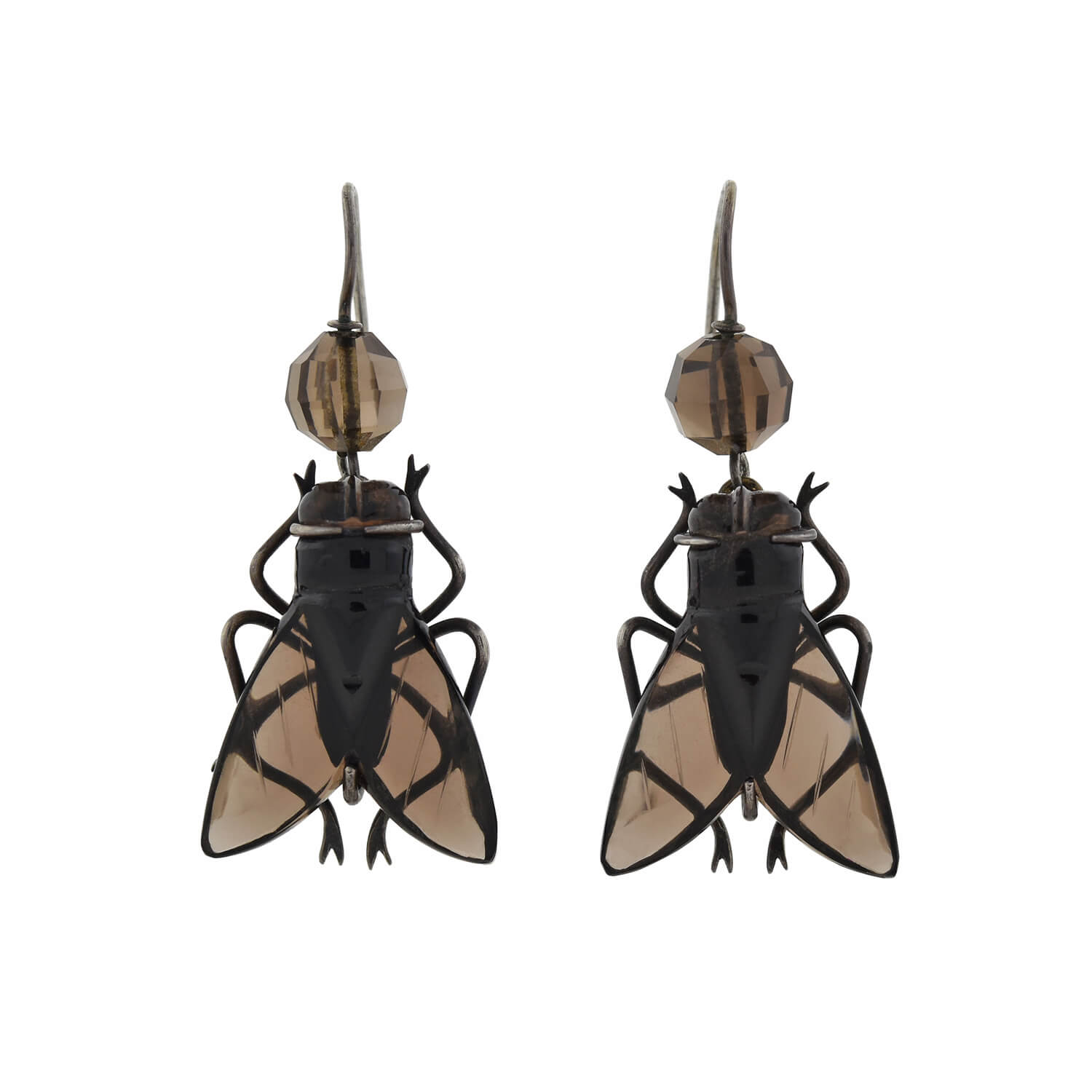 Victorian Style Sterling Silver Carved Smoky Topaz Flying Insect Earrings - Elegant Vintage Jewelry for Women, Perfect for Parties, Weddings & Special Occasions
