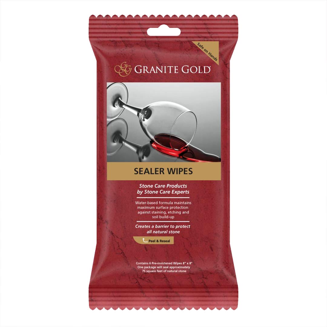 Granite Gold Water-Based Sealer Wipes for Granite, Marble & Travertine Countertops | Natural Stone Protector | 6-Count Pack | Ideal for Kitchen & Bathroom Surfaces