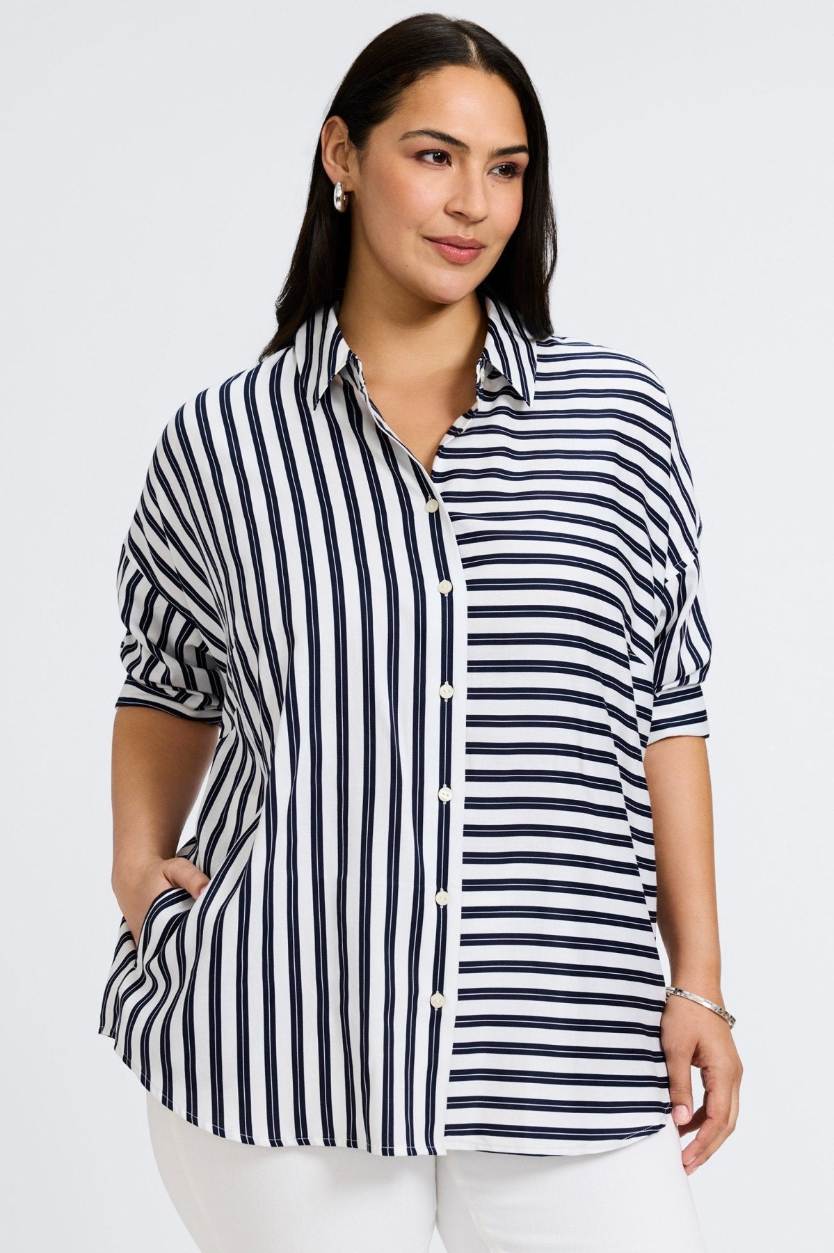 Avery Plus Double Stripe 3/4 Sleeve Casual Shirt for Women | Comfortable & Stylish Blouse for Office Wear, Business Casual & Everyday Outfits