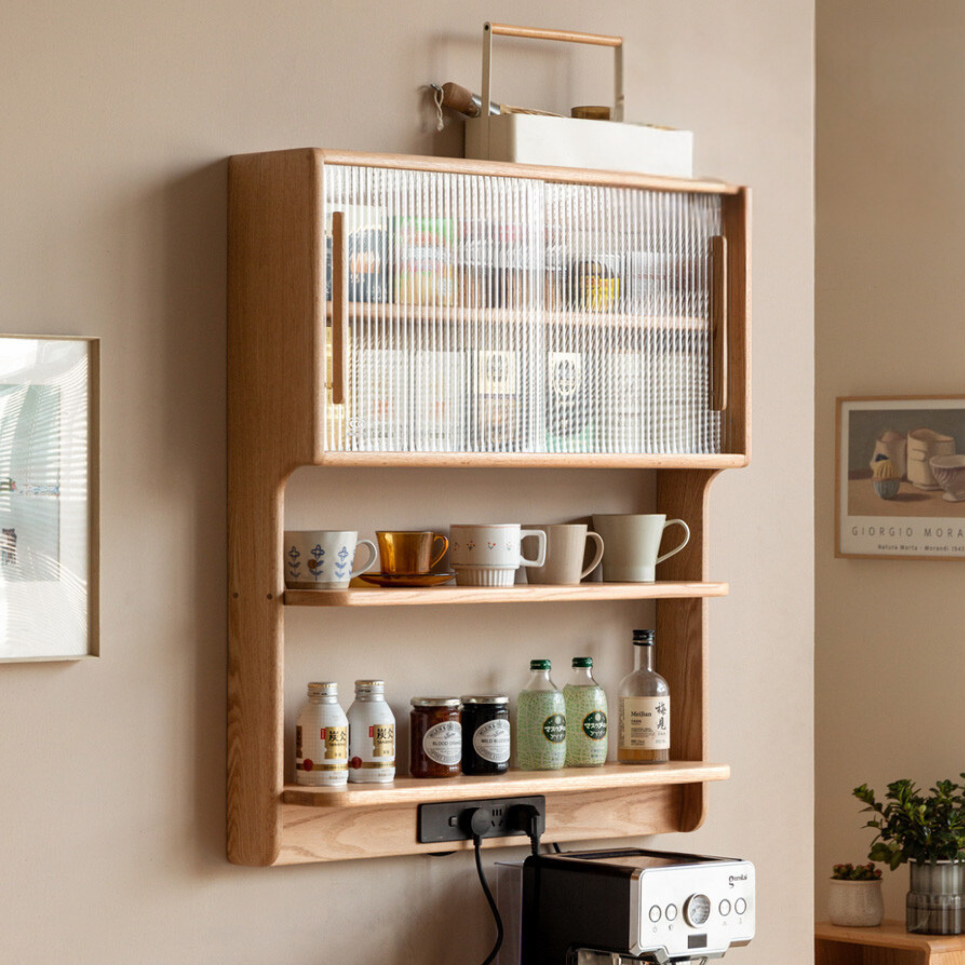Solid Oak & Cherry Wood Wall Mounted Suspended Cabinet - Rustic Floating Shelf for Kitchen, Bathroom, Living Room Storage & Decor