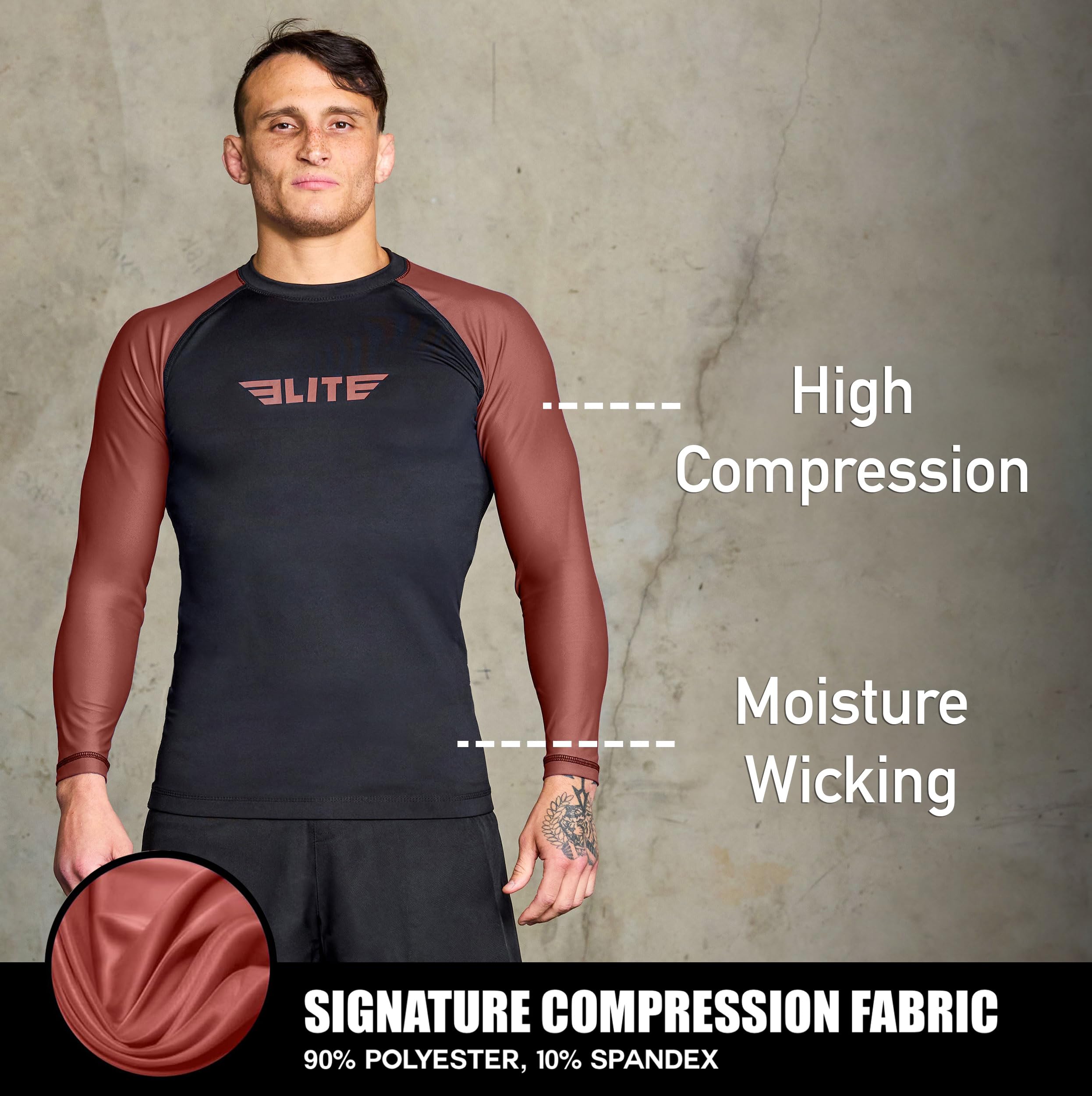Elite Sports Men's Jiu Jitsu BJJ Rash Guard - Long Sleeve Compression Shirt for MMA, No-Gi Training & Brazilian Jiu-Jitsu | Moisture-Wicking & UV Protection for Grappling, Wrestling & Fitness Workouts