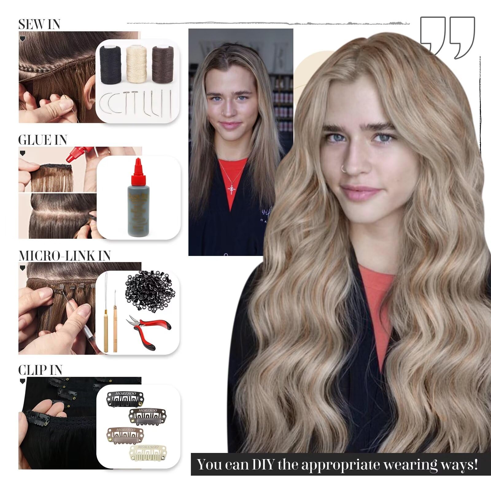 20 Inch 80G Blonde Human Hair Extensions - Golden Blonde & Light Blonde Sew-in Weft, 100% Real Human Hair, Straight & Thick Full Head Weft for Natural Look | Perfect for Parties, Weddings & Daily Styling