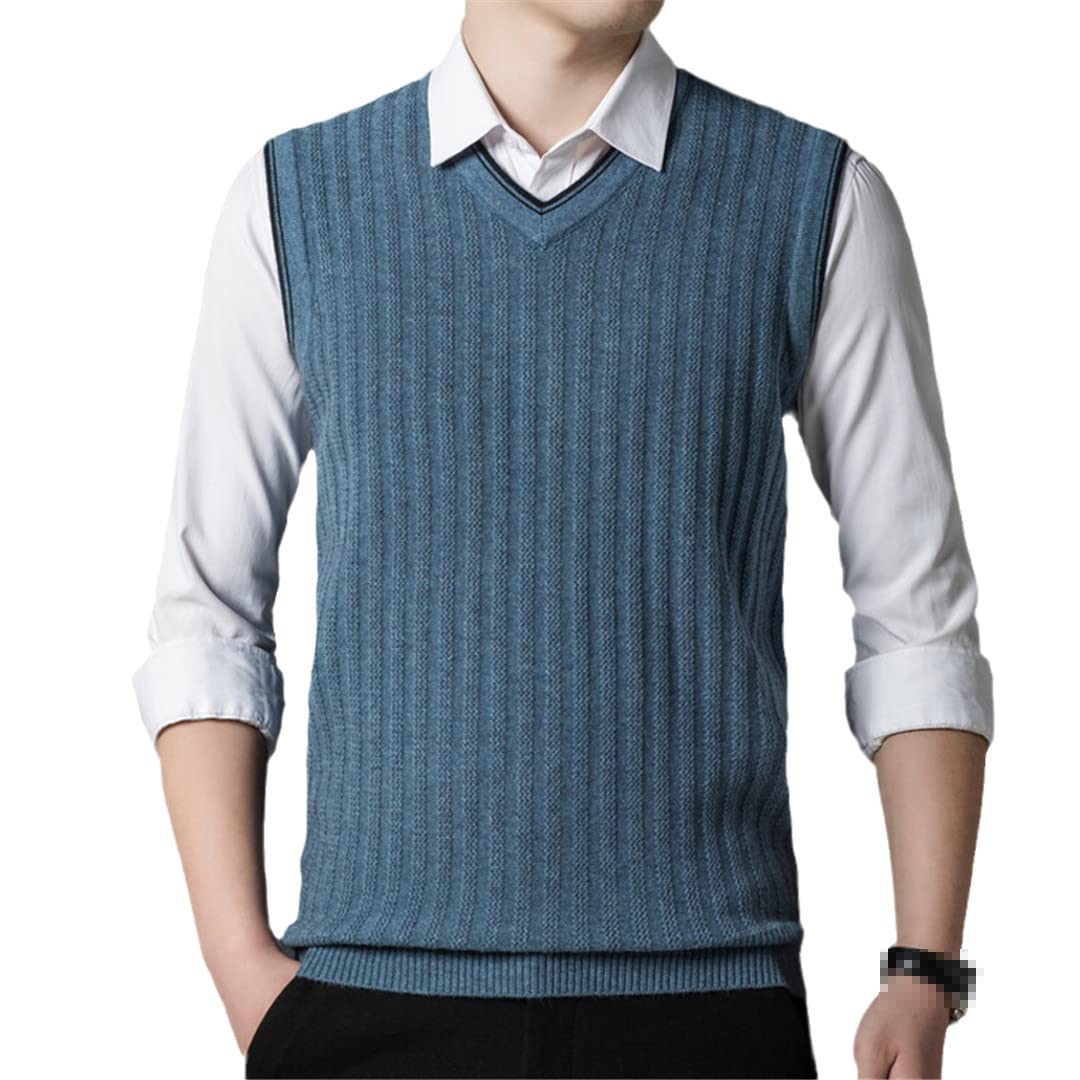 Men's V-Neck Wool Vest - Striped Sleeveless Pullover for Autumn Winter Layering