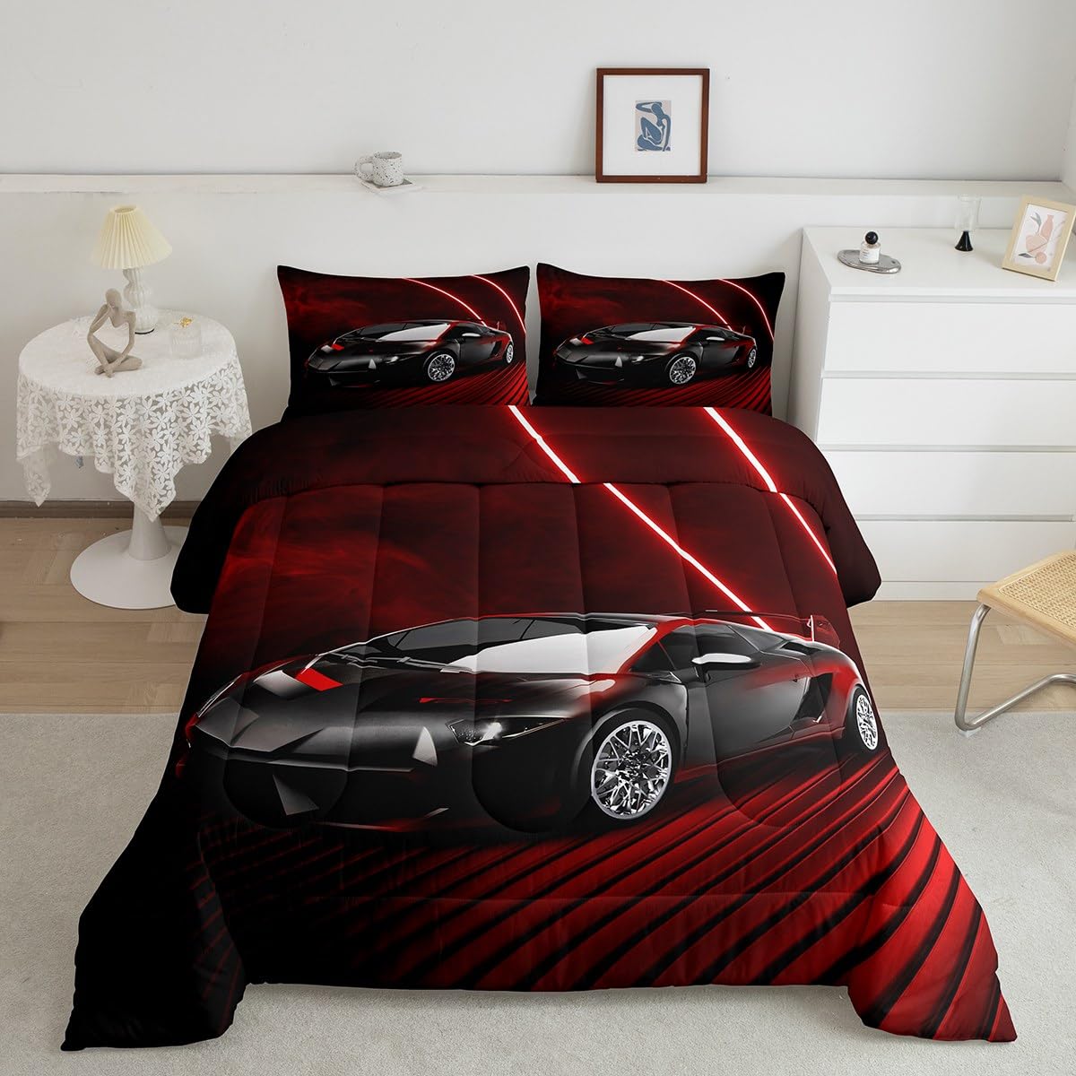 Erosebridal Red Race Car Comforter Set - Twin Size Sports Car Bedding for Kids, Boys, Teens & Adults | Extreme Sport Duvet Cover with Pillowcase | Perfect for Bedroom Decor, Racing Theme Rooms & Car Enthusiast Gifts
