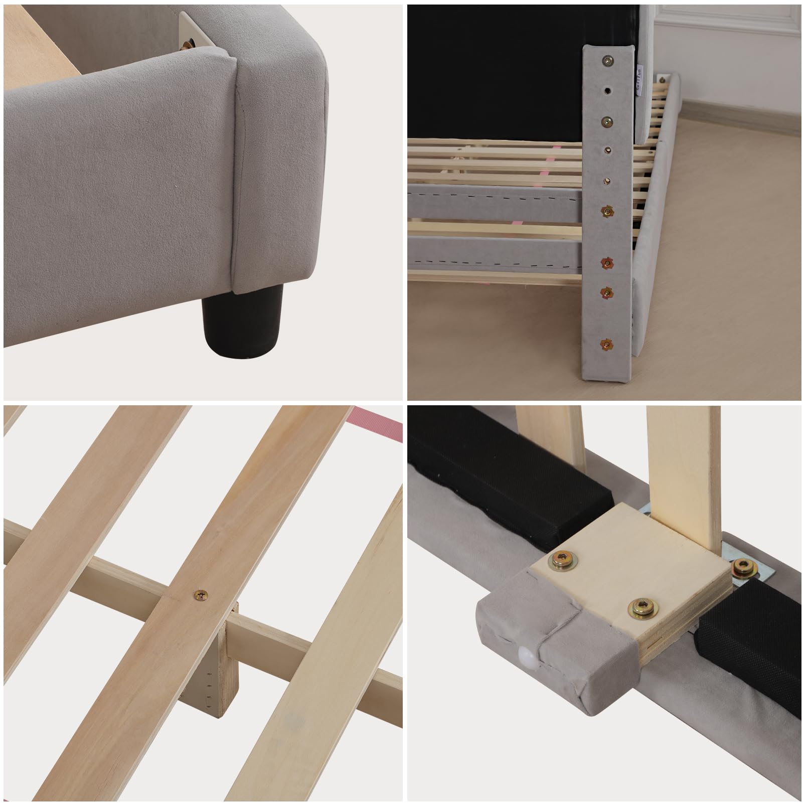 Velvet Upholstered Twin Bed Frame for Kids - Adjustable Wooden Headboard, Soft & Durable Gray Bed for Boys & Girls - Perfect for Bedrooms, Playrooms & Sleepovers