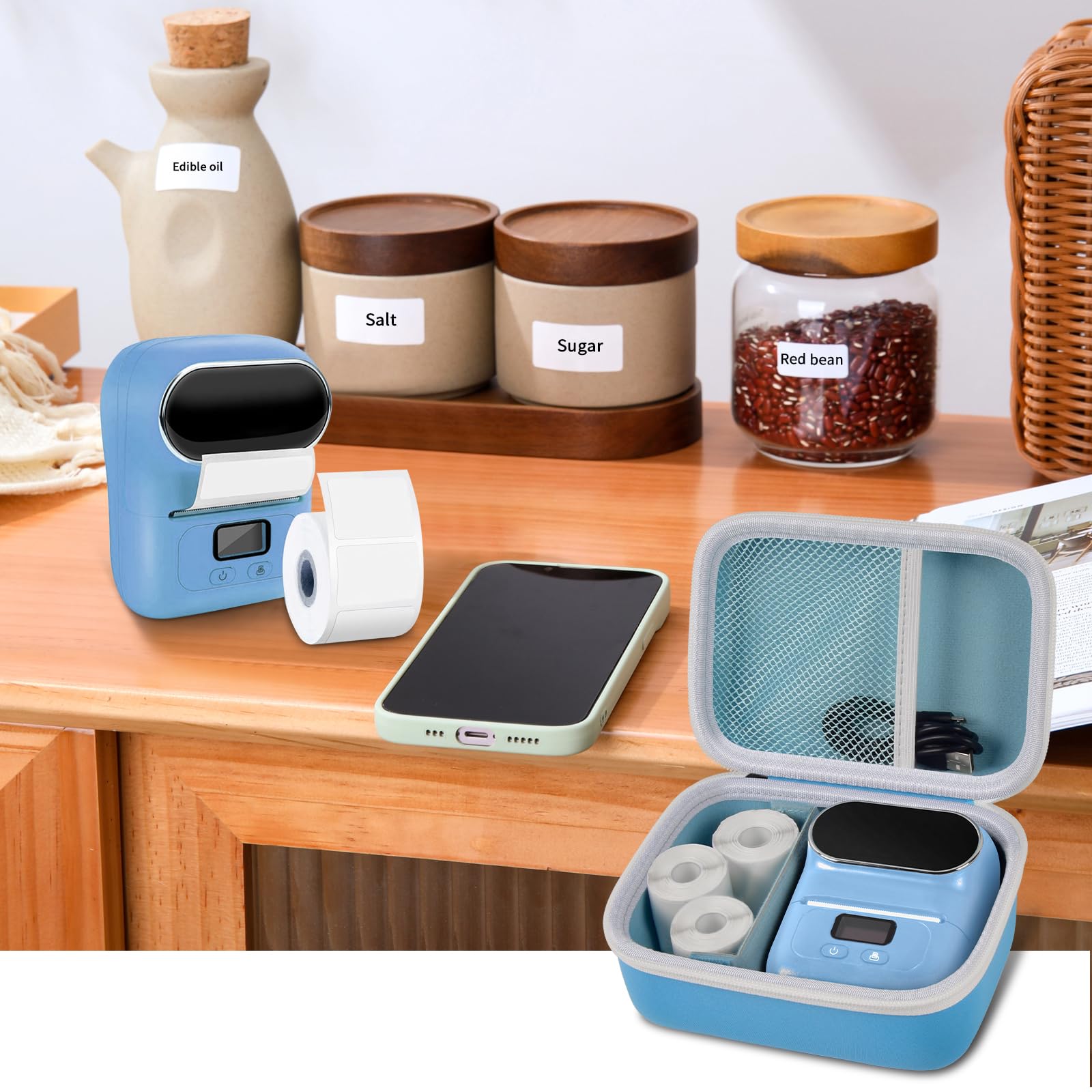 Phomemo M110 Label Maker Case - Portable Mini Bluetooth Thermal Label Printer Storage Bag for Printer Labels, USB Cable & Accessories (Black/Blue) | Perfect for Office, Home & Travel Organization