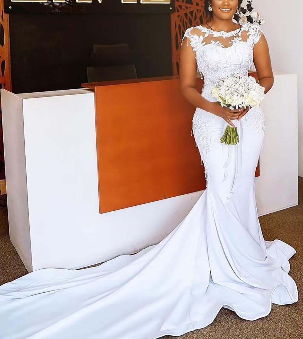 Elegant Satin Mermaid Wedding Dress with Lace Applique - Long Ball Gown for Brides, Prom, Evening Gala & Formal Occasions