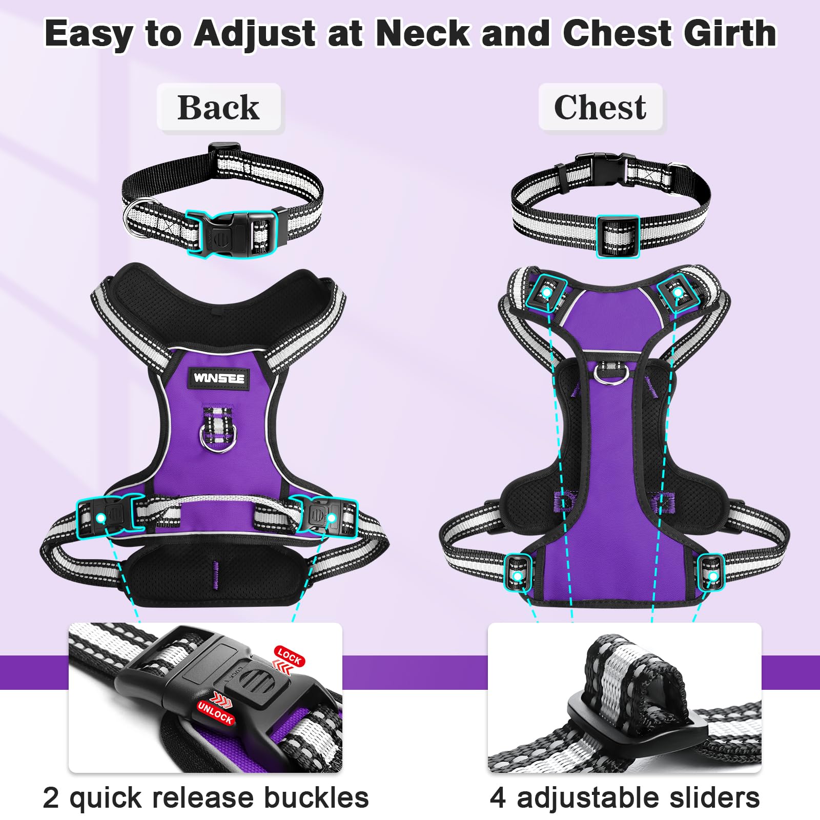 WINSEE No Pull Dog Harness - Adjustable Reflective Pet Vest with Front/Back Leash Clips for Small Medium Large XL Dogs - Easy Control Handle for Walking, Running & Outdoor Adventures