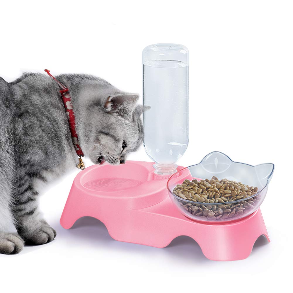 MILIFUN Double Dog Cat Bowls - 15° Tilted Pet Food and Water Bowl Set with Automatic Waterer Bottle for Small & Medium Dogs & Cats - Perfect for Home, Travel, and Outdoor Use