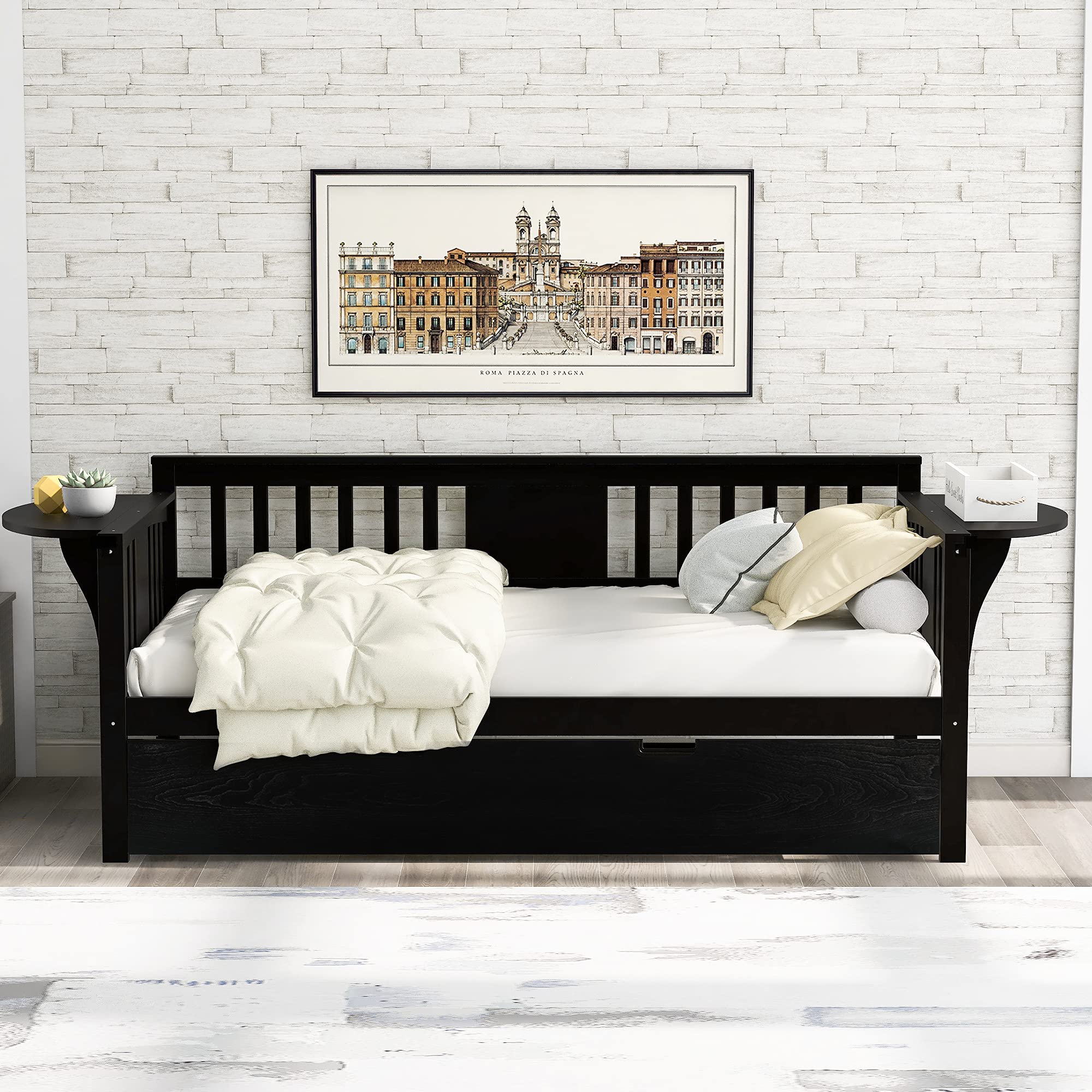 **Twin Daybed with Trundle - Solid Wood Sofa Bed Frame for Kids & Adults - Twin Size Daybed for Bedroom, Living Room, Guest Room - Espresso Finish - Perfect for Sleepovers & Small Spaces**