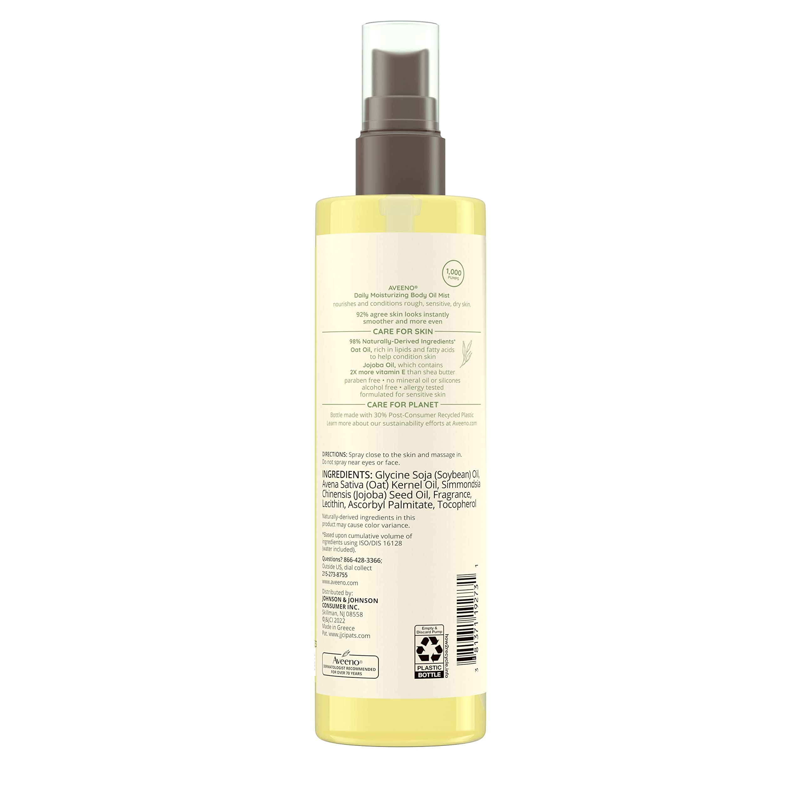 Aveeno Daily Moisturizing Body Oil Spray for Dry Skin - Oat & Jojoba Oil Infused Nourishing Body Mist with Hypoallergenic Formula - 6.7 Fl Oz - Perfect for Post-Shower Hydration & On-The-Go Skin Care