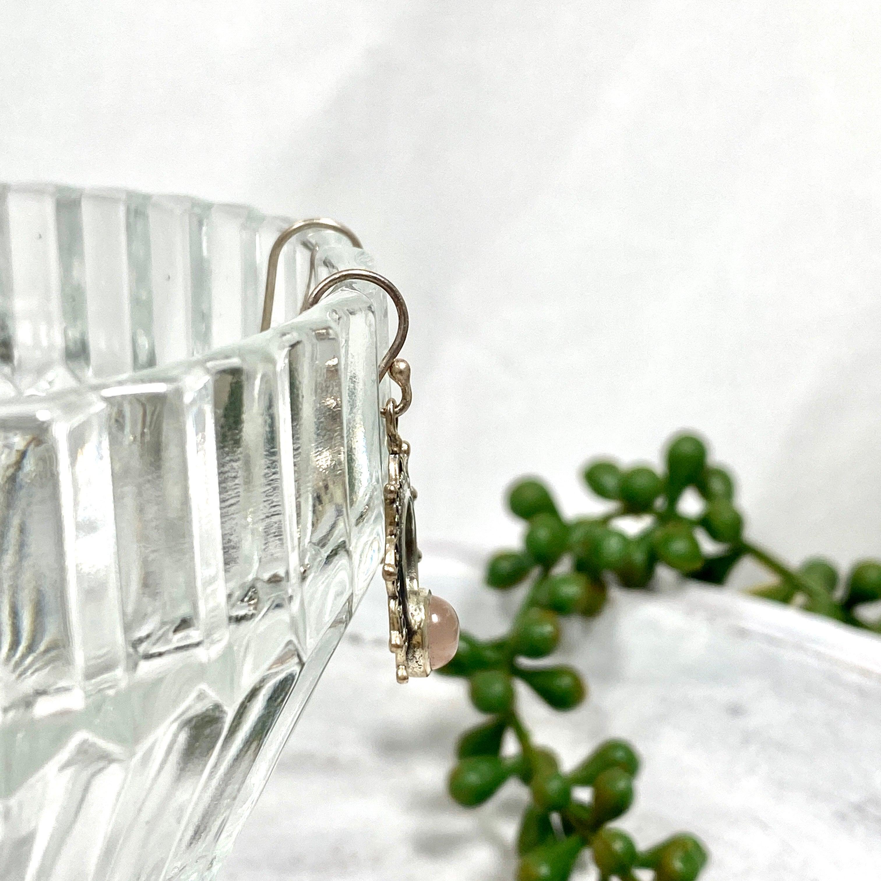 Boho Mandala Rose Quartz Cabochon Earrings for Women - Handmade Dangle Earrings for Boho Chic Style, Spiritual Healing & Everyday Wear - Perfect for Yoga, Meditation & Festival Outfits