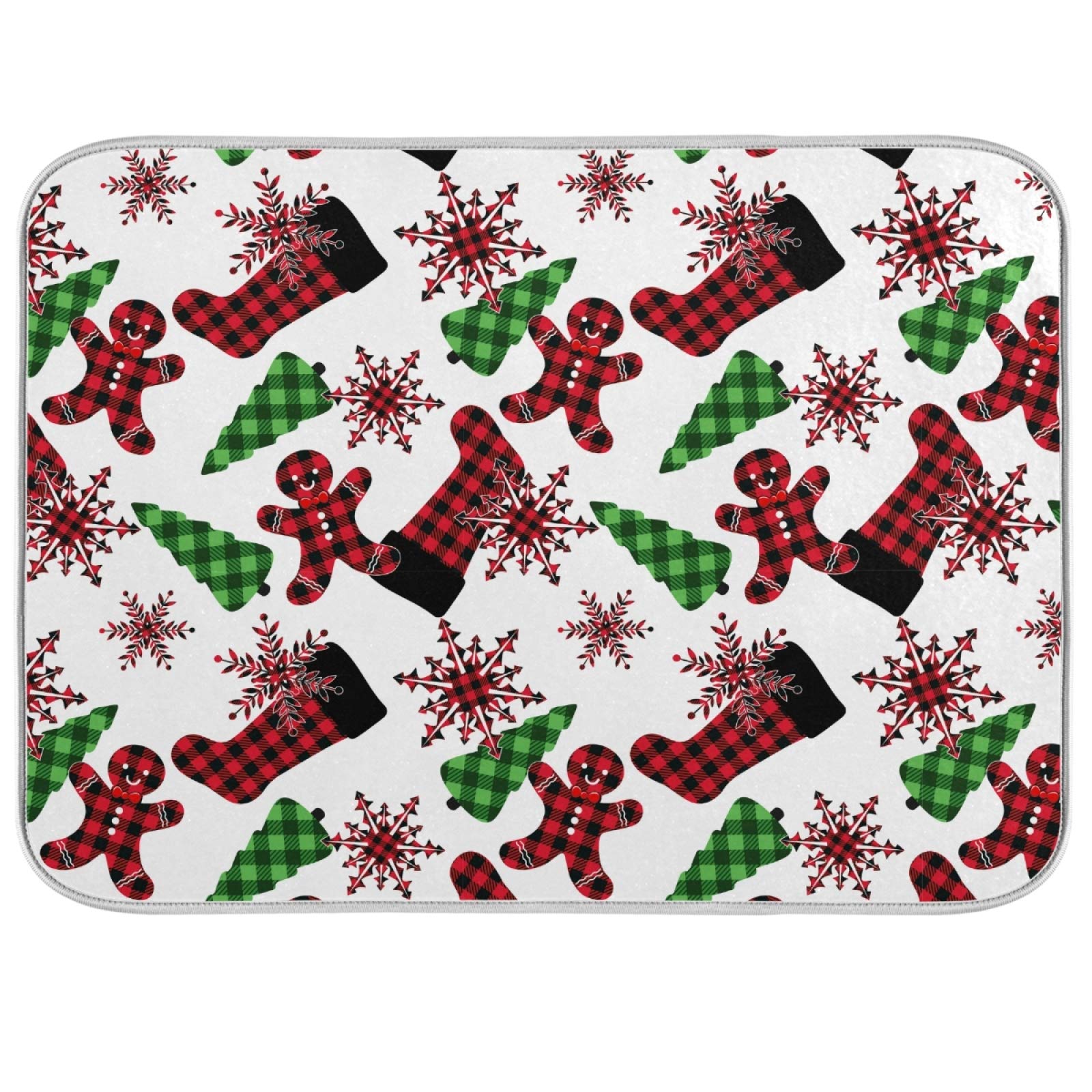 Buffalo Plaid Christmas Dish Drying Mat 16x18 Inch - Gingerbread Tree Snowflakes Design - Absorbent Kitchen Counter Protector for Dishes & Tableware - Holiday Home Decor for Kitchen Countertops & Dining Areas