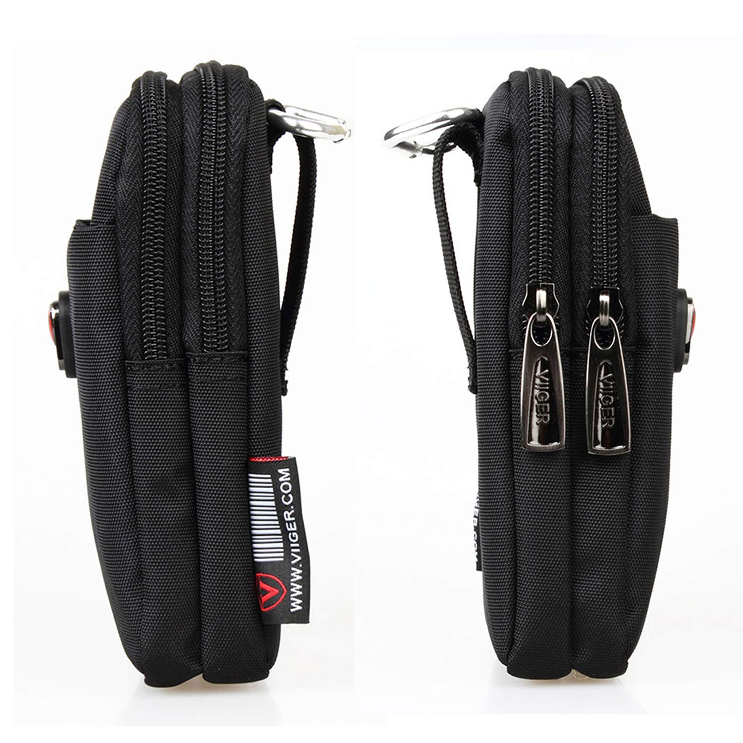 VIIGER Nylon Dual Phone Holster Belt Pouch - Compatible with iPhone 15 Pro Max/16 Pro/S24 - 2 Zipper Pockets & Clip - Black - Perfect for Outdoor Activities, Work & Travel