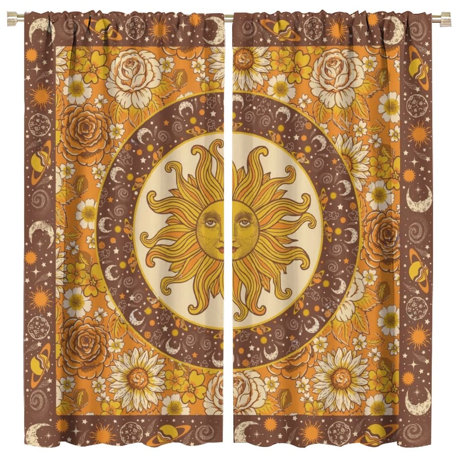 Bohemian Sun Moon Print Blackout Curtains - Celestial Pattern Window Drapes for Bedroom & Living Room (52x84 Inch) | Perfect for Boho Home Decor & Light Blocking