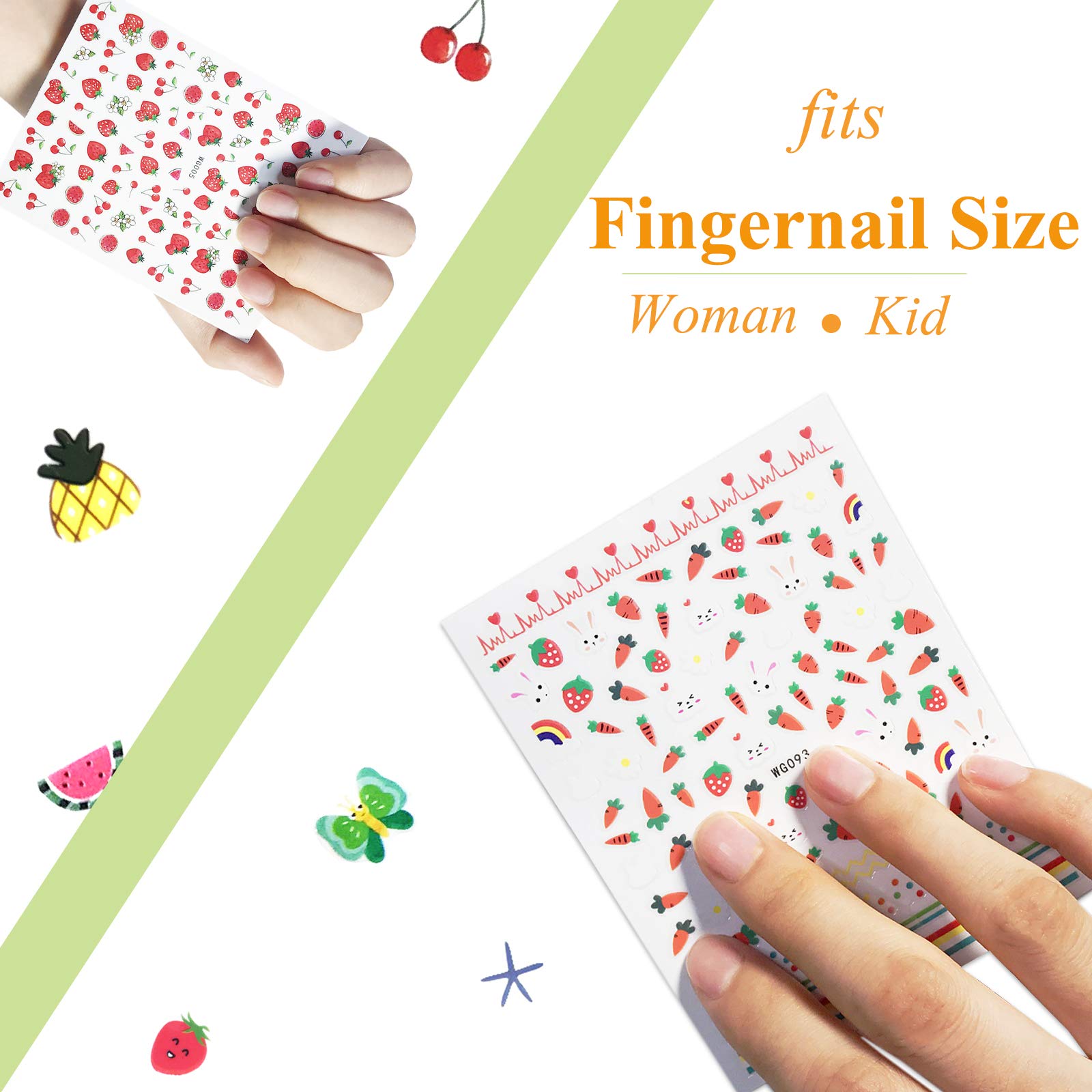 16 Large Sheets Self-Adhesive Nail Stickers for Women & Kids - Floral, Butterfly, Animal & Fruit Designs - Perfect for Nail Art, Parties, Gifts & DIY Manicures at Home or Salon