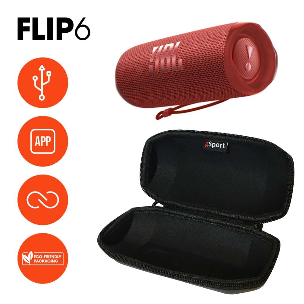 JBL FLIP 6 Waterproof Bluetooth Speaker with gSport Carbon Fiber Case - Portable Wireless Speaker for Outdoor, Beach, Pool & Travel (Red) - Perfect for Parties, Camping & Water Activities