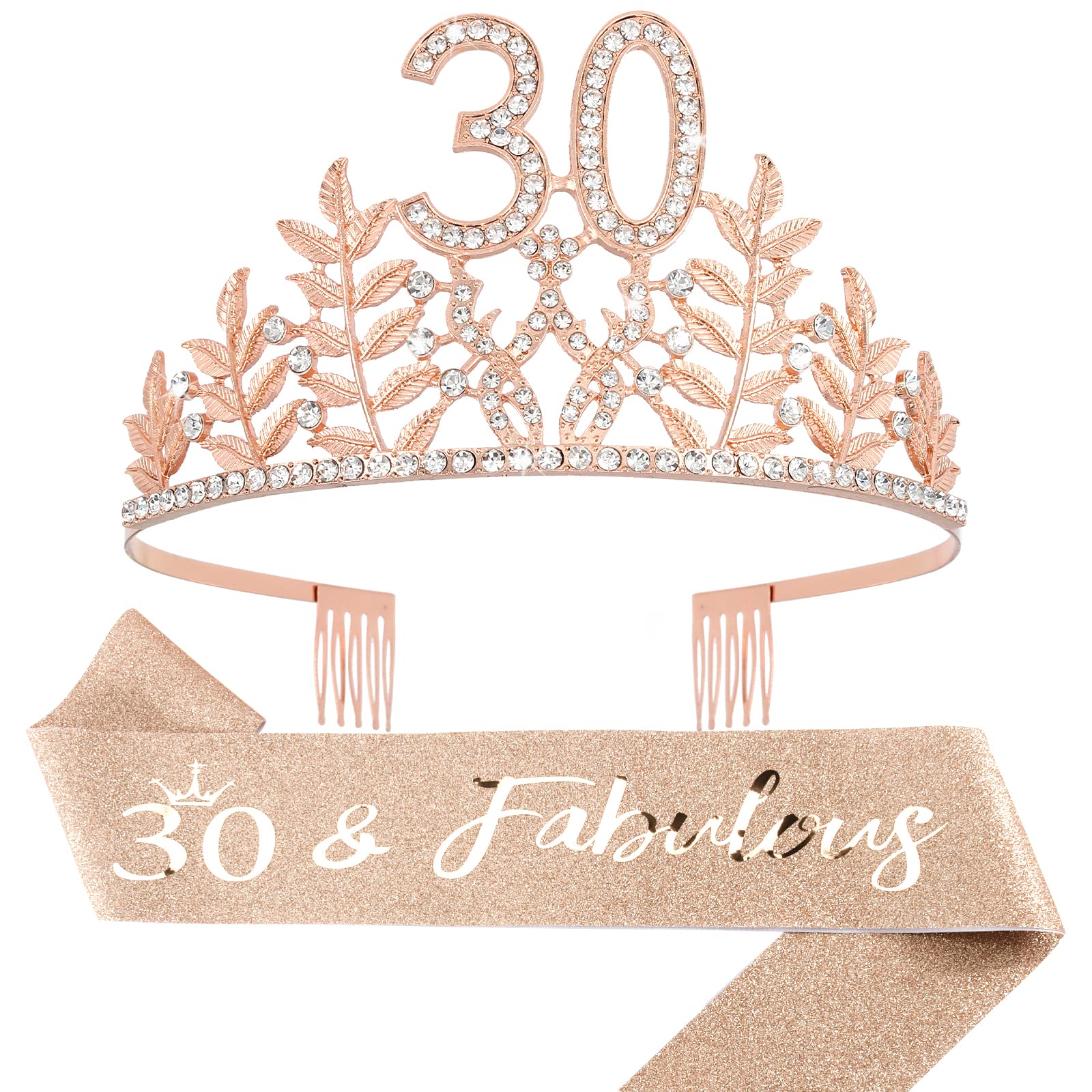 30th Birthday Sash & Tiara Set for Women - Rose Gold 30 & Fabulous Birthday Crown & Decorations - Perfect 30th Birthday Gift for Her - Great for Birthday Parties, Photo Shoots & Celebrations