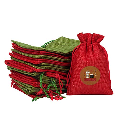 24-Piece Christmas Countdown Calendar Bags with Wooden Clips - Burlap Advent Calendar Garland for Candy & Gifts - Holiday Xmas Party Decor for Home, Office, Tree & Fireplace Mantel