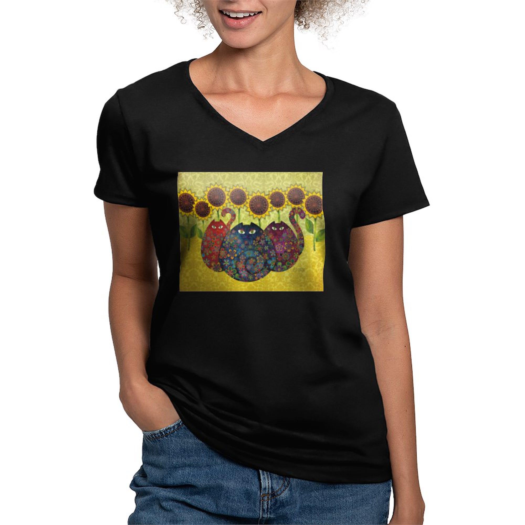 Women's Cotton V-Neck Cat & Sunflower Graphic T-Shirt | Cute Floral Cat Lover Tee | Casual Wear, Gift for Cat Owners, Summer Outfits