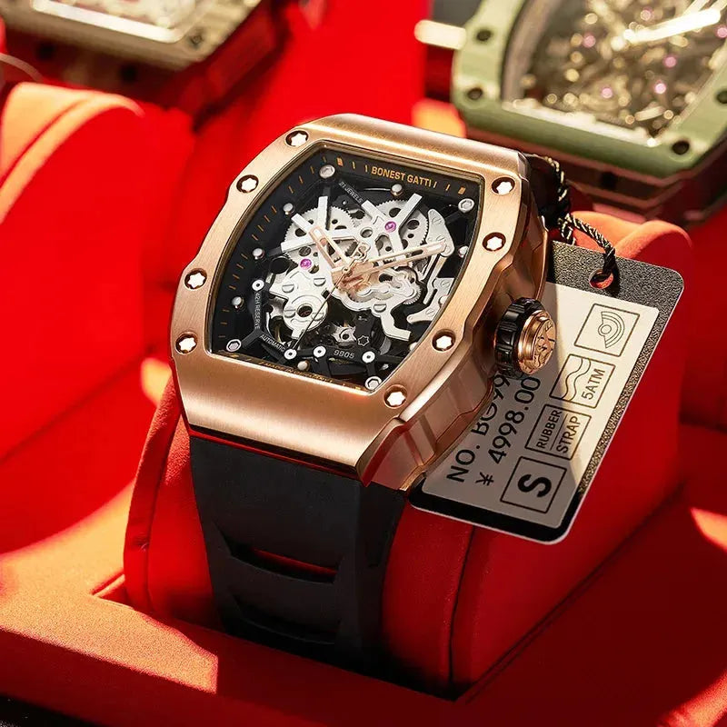 BONEST GATTI Phantom Series Skeleton Automatic Watch for Men - Luxury Mechanical Waterproof Wristwatch with Transparent Dial - Perfect for Business, Formal Events & Gift Giving