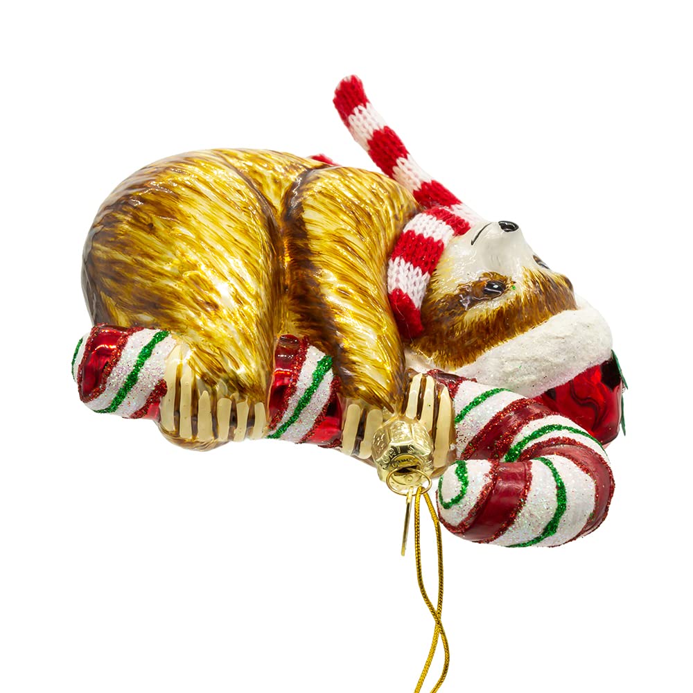Noble Gems™ Glass Sloth Christmas Ornament with Candy Cane - Handmade Holiday Decor for Tree, Gift, and Festive Home Decorations