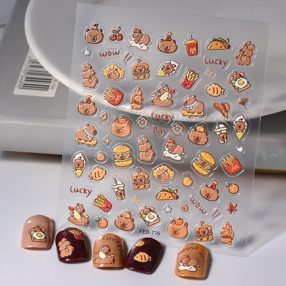 3D Capybara Nail Stickers - Cute Cartoon Animal Nail Art Decals for Kids, Embossed French Fries Design (FEB-776) | Perfect for Birthday Parties, DIY Manicures & Nail Art Enthusiasts