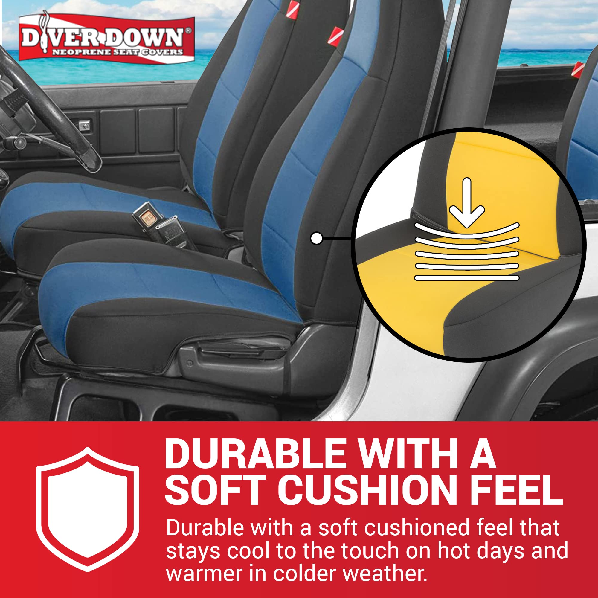 Diver Down Neoprene Seat Cover Set for Jeep YJ Wrangler 1987-1995 - Waterproof Custom Fit Front & Rear Seat Covers with Soft Padded Cushion - Thermal Resistant Protection (Blue, Fits 1992-1995 Models) - Perfect for Off-Roading, Beach Trips & Outdoor Adventures