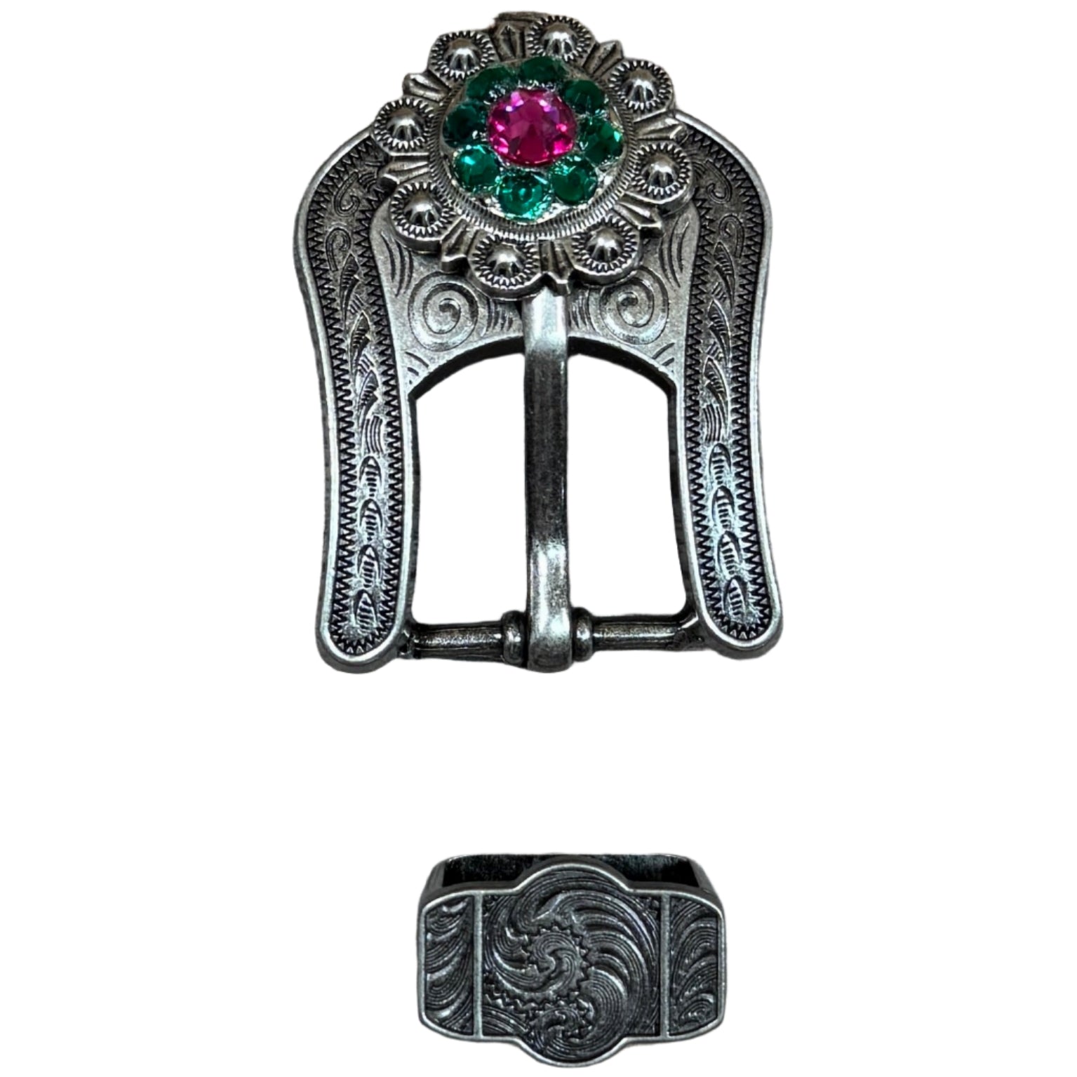 Antique Silver Fuchsia, Clear & Emerald Crystal Conchos - 1