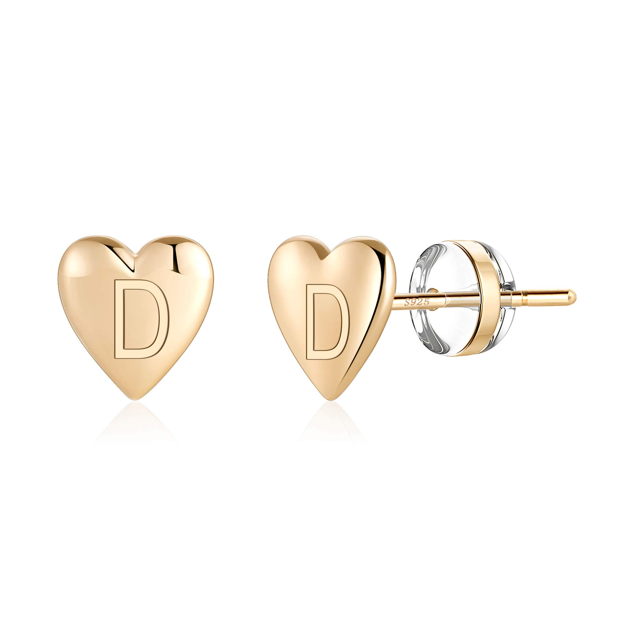 Heart Initial Stud Earrings for Women & Girls - 925 Sterling Silver 14K Gold Plated Hypoallergenic Dainty Letter Earrings | Sensitive Skin Safe, Perfect Gift for Birthday, Valentine's Day & Everyday Wear