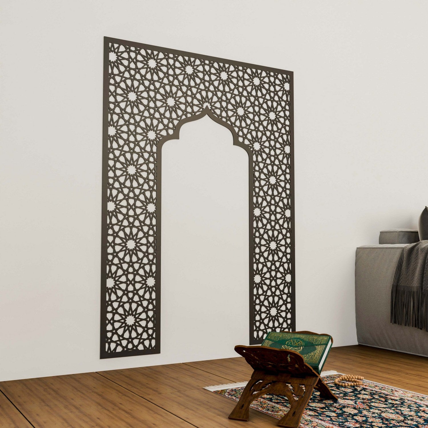 Handcrafted Geometric Design Mihrab Wooden Islamic Wall Art Decor | 12-Pointed Star Home Decoration for Living Room, Mosque & Prayer Space