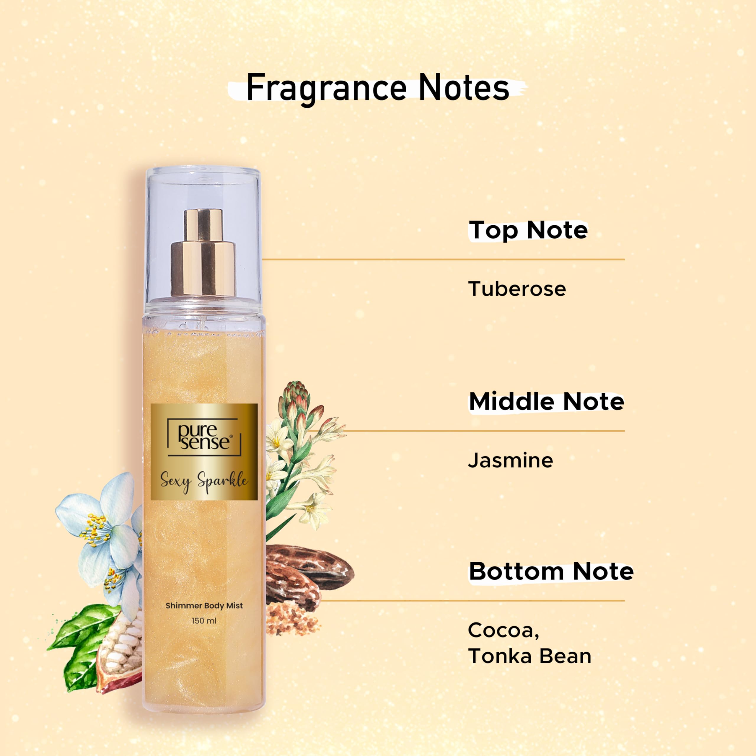 PureSense Sexy Sparkle Gold Shimmer Body Mist Spray for Women - Long Lasting Luxury Fragrance, Refreshing & Travel-Friendly (150ml) | Perfect for Date Nights, Parties & Everyday Glam
