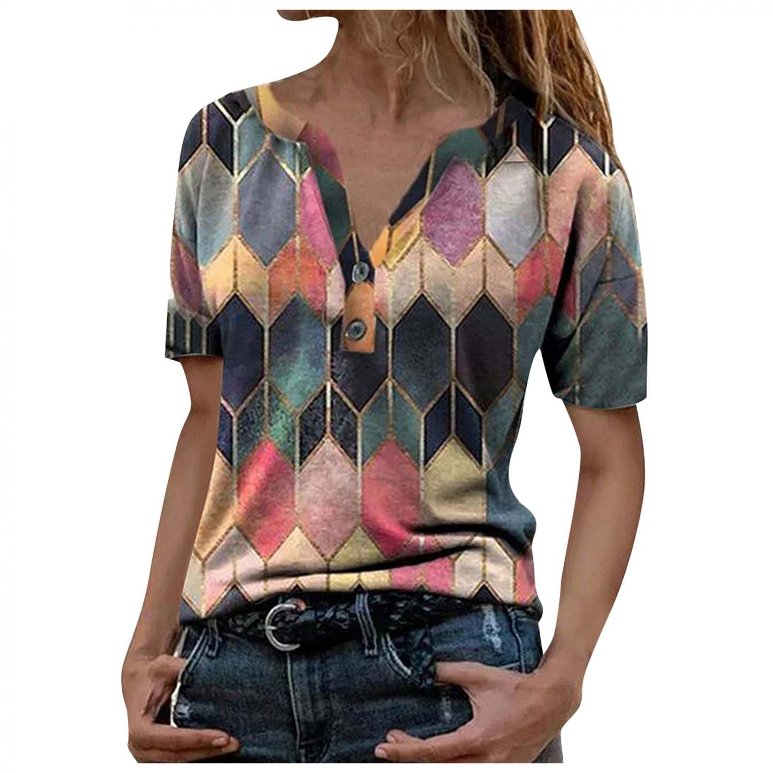 Trendy Women's Summer V-Neck Short Sleeve T-Shirts - Fashion Printed Blouse Tops for Casual Wear, Beach Outfits & Daily Comfort