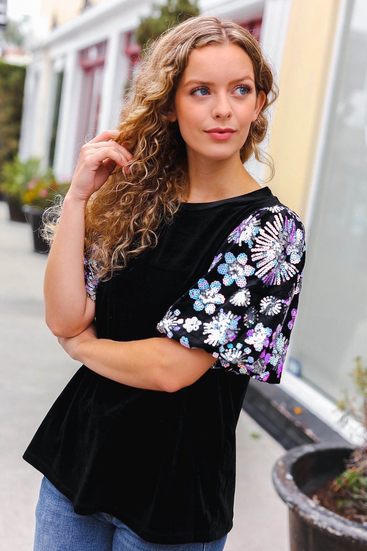 Glamorous Black Floral Sequin Puff Sleeve Velvet Top for Women | Elegant Party Blouse | Perfect for Evening Events, Date Nights & Special Occasions