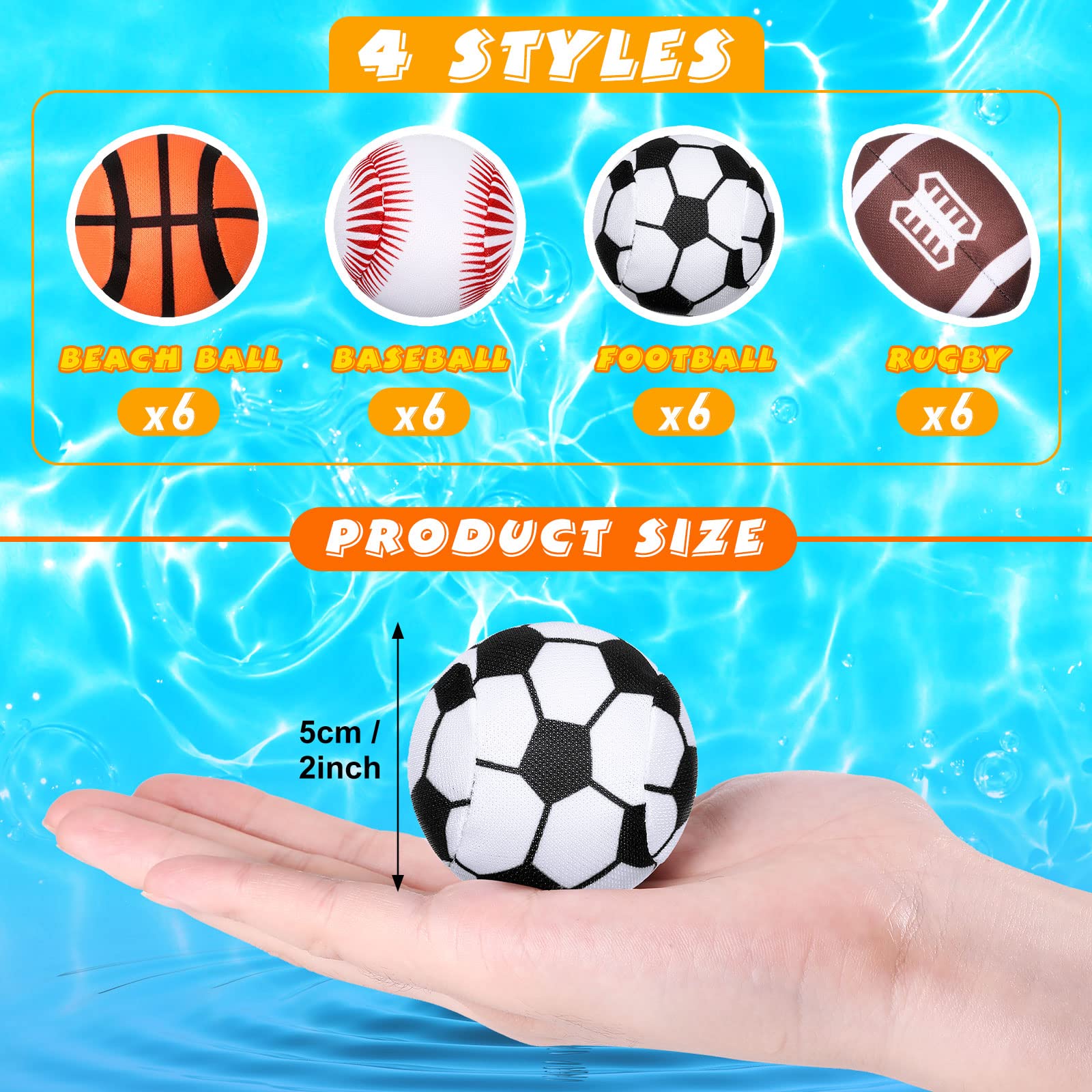 24-Pack Leyndo 2-Inch Water Absorbent Pool Balls - Soft Splash Toys for Swimming Pools, Beach Games & Kids Parties (Baseball, Football, Soccer Theme) - Perfect for Summer Water Play, Backyard Fun & Outdoor Activities