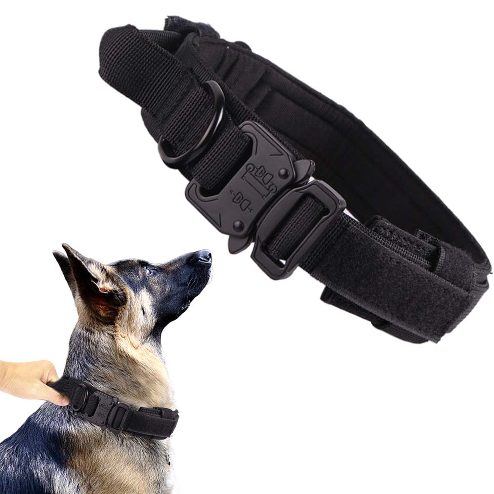 Tactical Dog Collar - Military Grade Adjustable Nylon Pet Collar with Heavy Duty Metal Buckle & Handle for Dog Training - Perfect for Outdoor Adventures, Hiking & Security Dogs (Black, Medium)