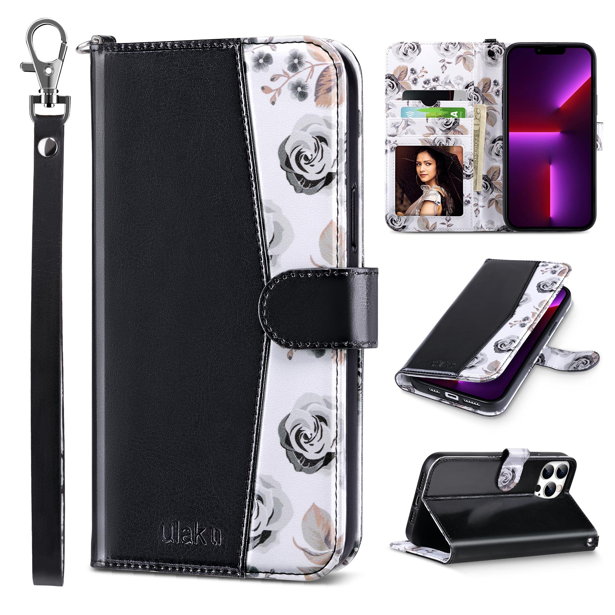 ULAK iPhone 13 Pro Max Wallet Case 6.7 Inch - Floral PU Leather Flip Cover with Card Slots & Kickstand | Shockproof Protective Phone Case for Women | Perfect for Work, Travel & Everyday Use (Black)
