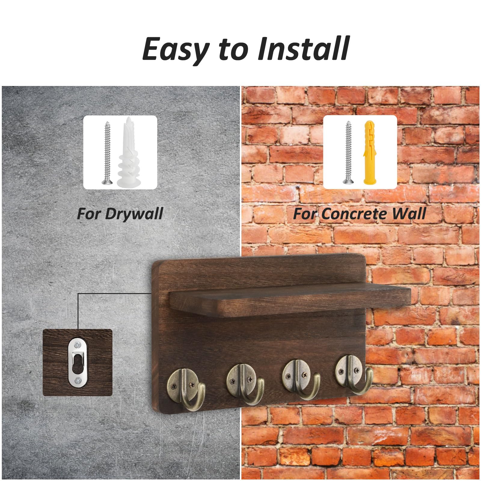 8.5 Inch Wooden Wall Key Holder with 4 Hooks & Shelf - Rustic Home Decor Organizer for Entryway, Living Room & Kitchen - Perfect for Keys, Mail & Small Essentials (Brown)