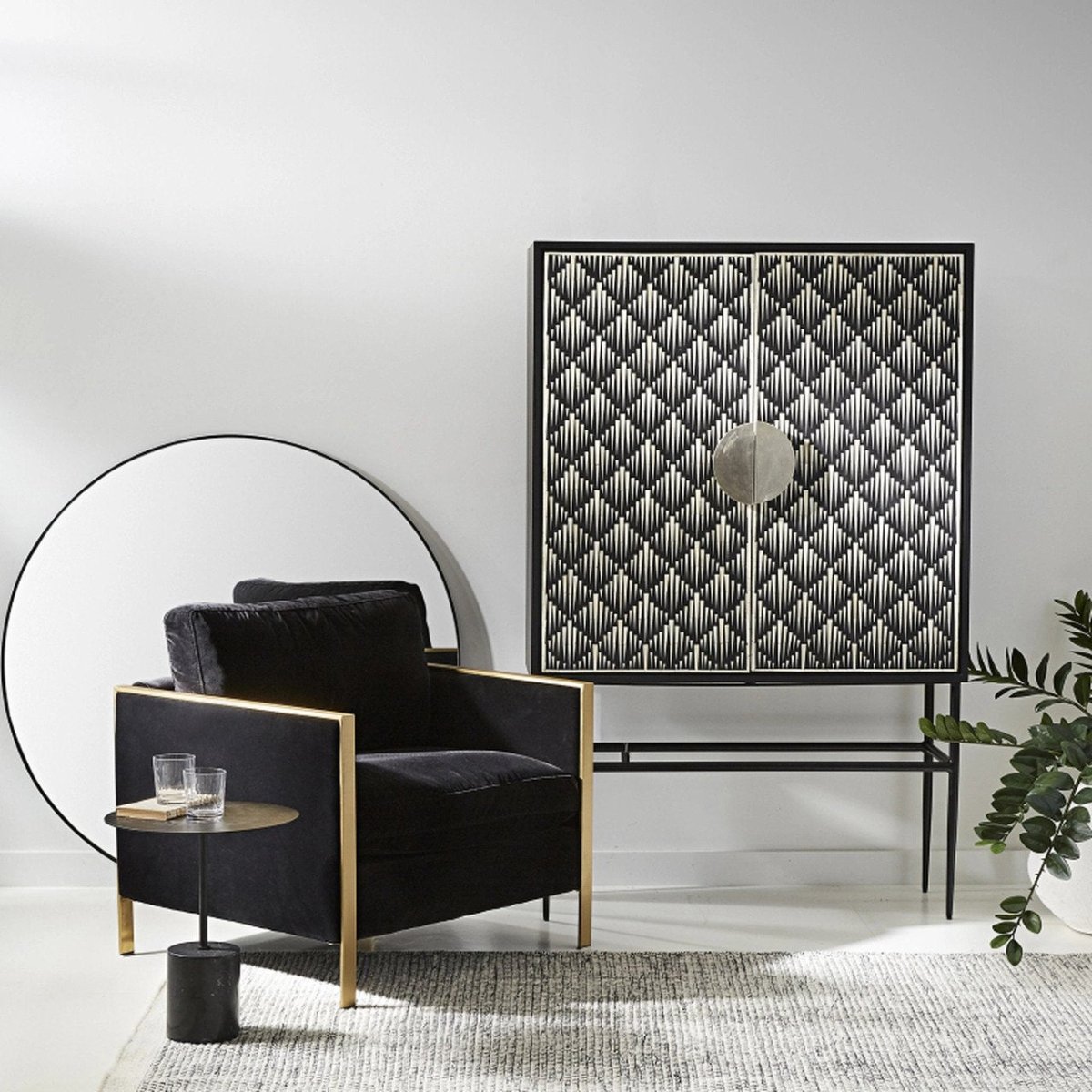 Handmade Black & White Bone Inlay Bar Cabinet - Vintage Style Home Bar Furniture for Living Room, Dining Room & Entertaining