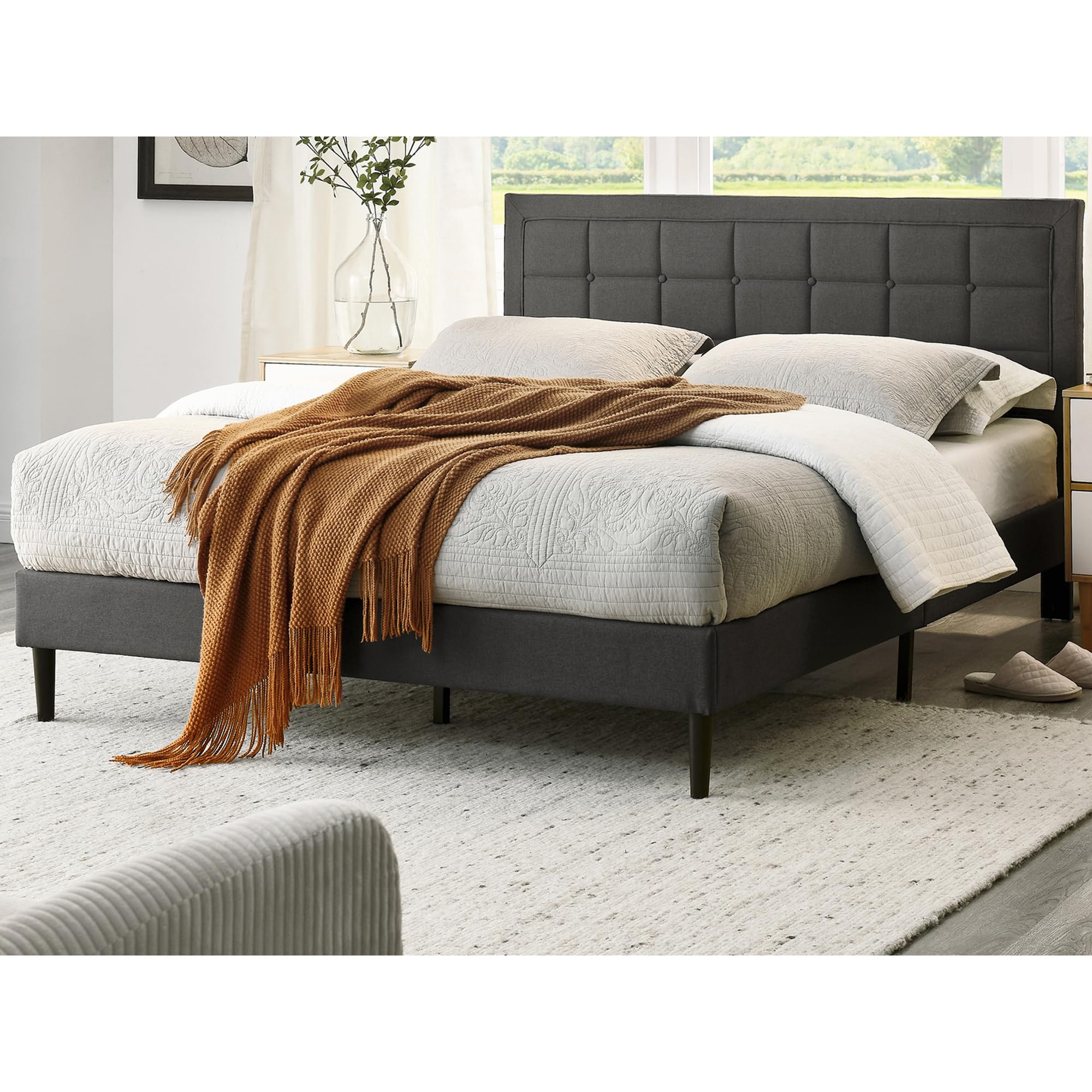 Mornington Upholstered 2.0 Platform Full Size Bed Frame with Headboard - Queen Size Dark Grey Modern Bedroom Furniture for Master Bedroom, Guest Room & Dorm