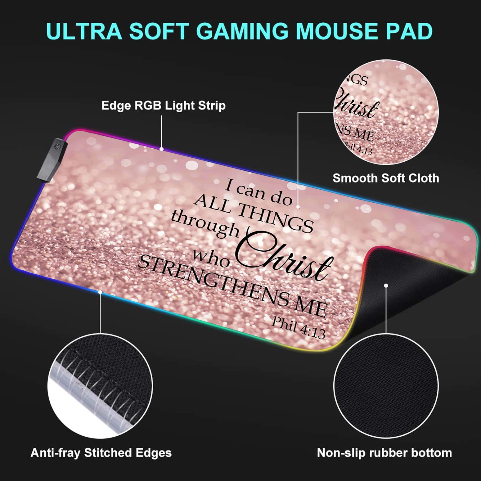 RGB Gaming Mouse Pad with LED Lights - Large Non-Slip Desk Mat for Keyboard & Mouse, Waterproof Optical Surface, Pink Philippians 4:13 Bible Verse Design - Perfect for PC Gaming Setup, Office Workstation & Streaming Studio