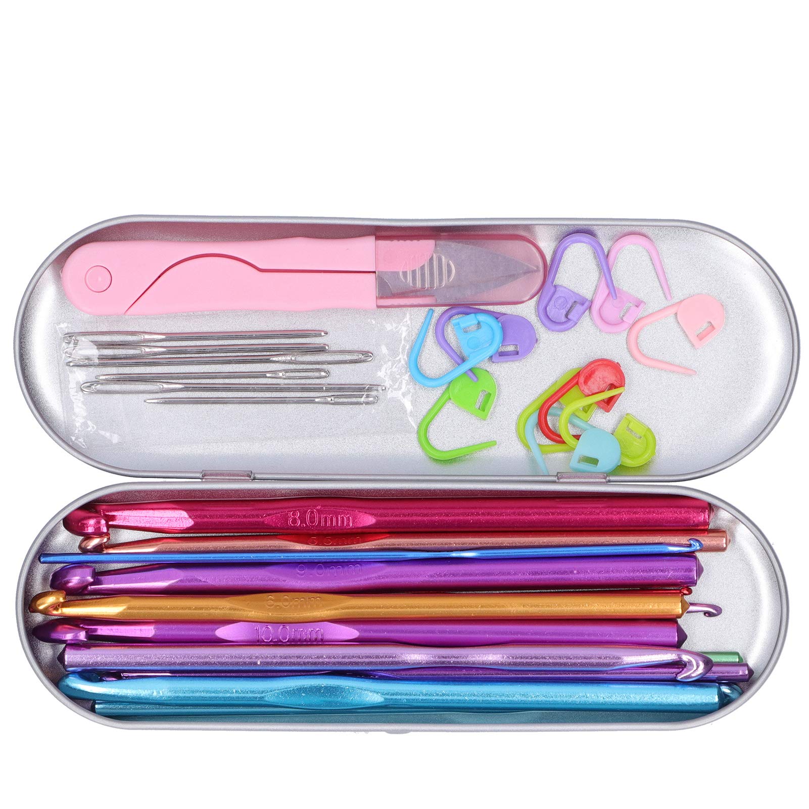 Premium Aluminum Crochet Hooks Set with Ergonomic Handle - 12 Colorful Sizes for Arthritic Hands - Includes Stitch Markers & Large-Eye Blunt Needles [Silver] - Perfect for Knitting, Crocheting, and DIY Craft Projects