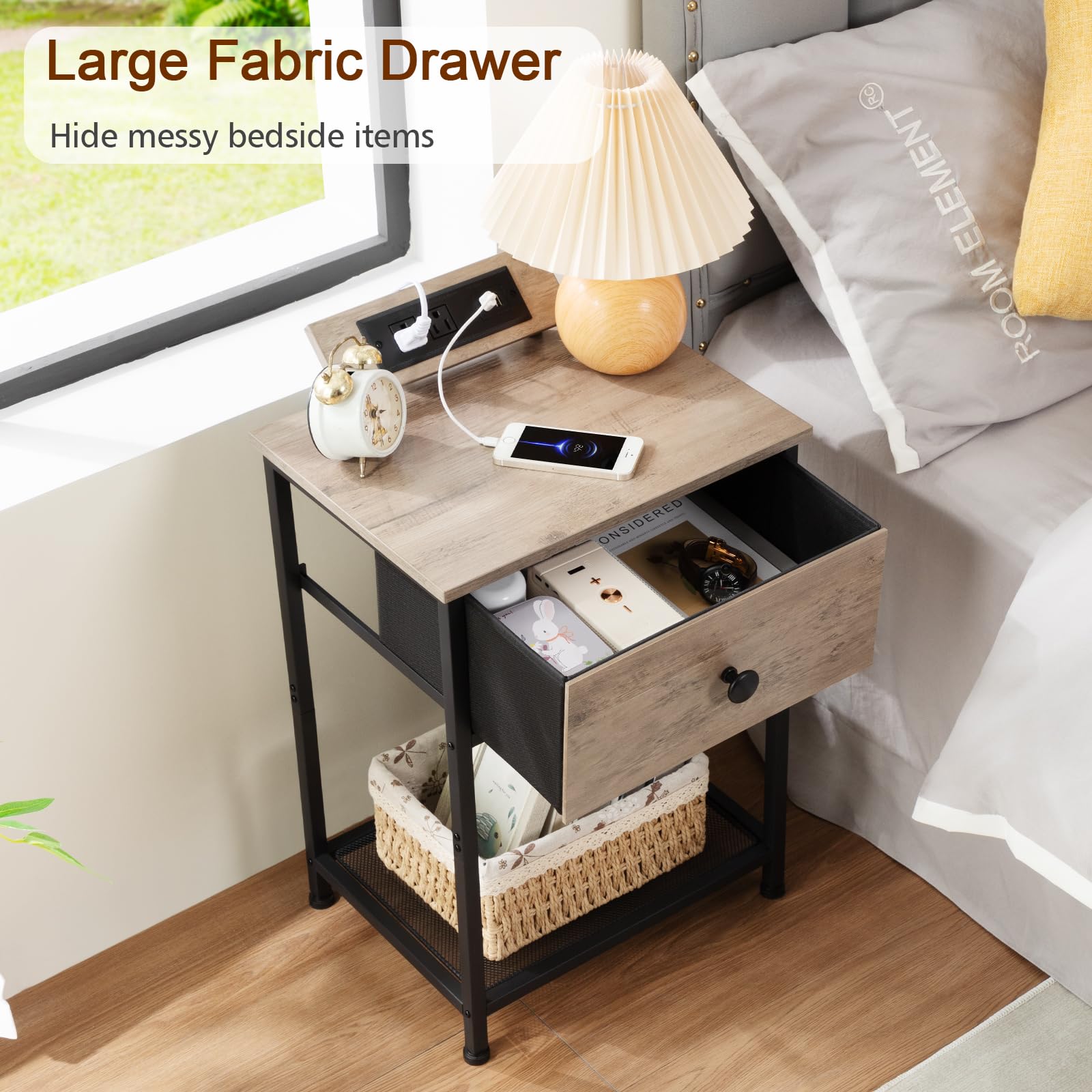 AMHANCIBLE Night Stand Set of 2 - Modern End Tables with USB Charging Station & Fabric Storage Drawer - Slim Bedside Tables for Small Spaces - Greige (HET03SDPGY) - Perfect for Bedroom, Living Room & Apartment Decor